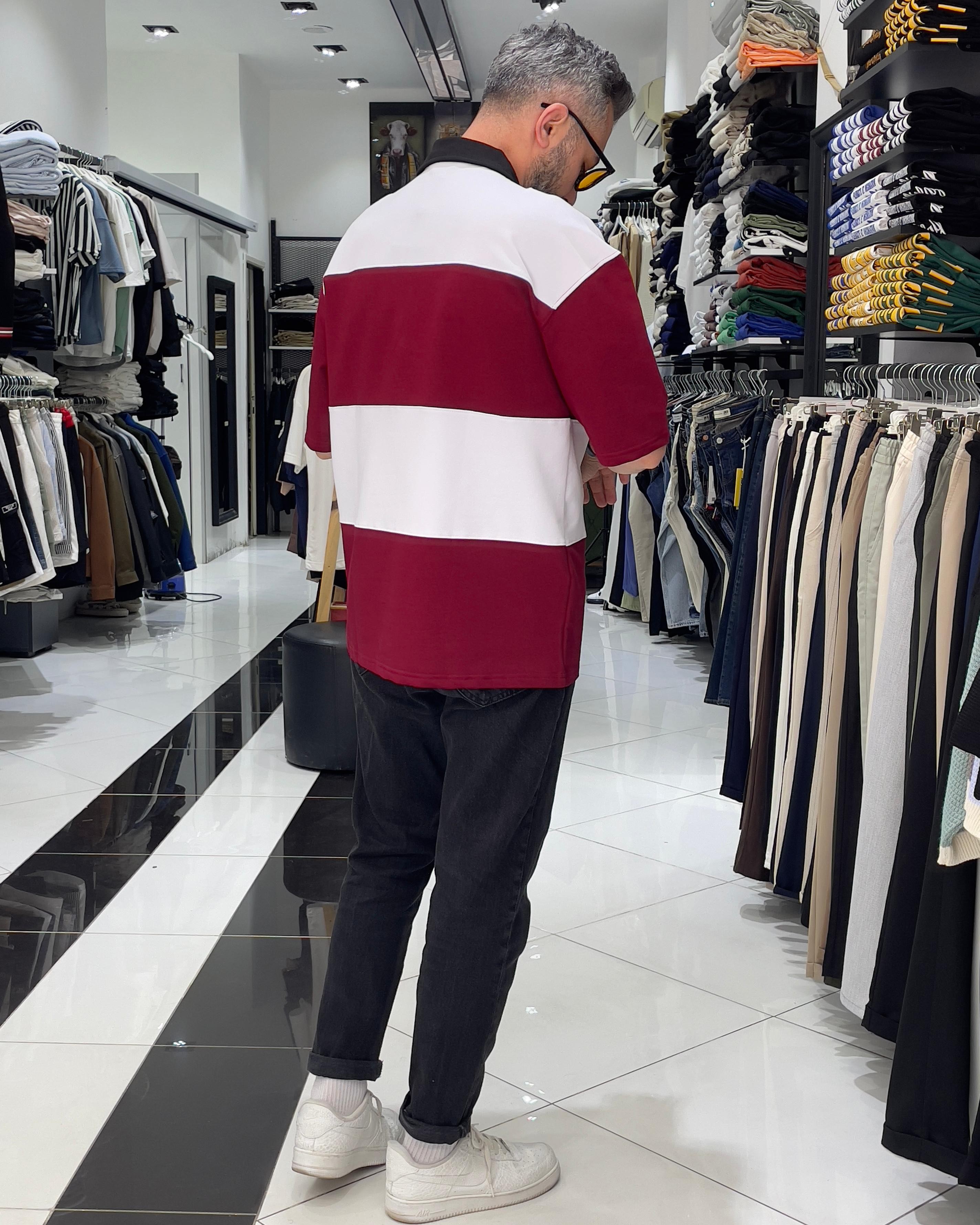 LB Nakışlı Yarım Fermuarlı Oversize Polo Yaka Erkek T-Shirt - bordo