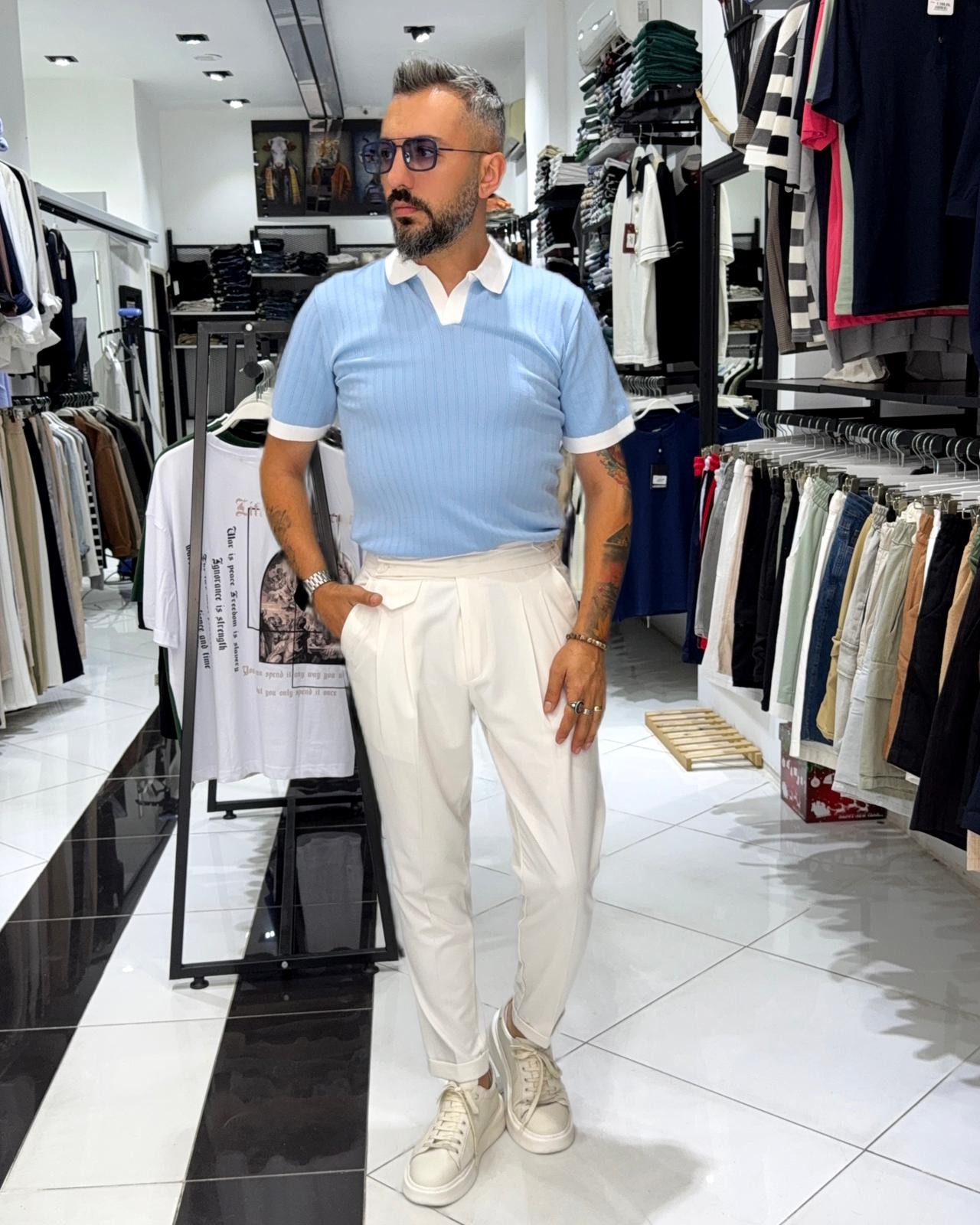 Yaka Detaylı Erkek Triko Polo Yaka T-Shirt - Bebe Mavisi