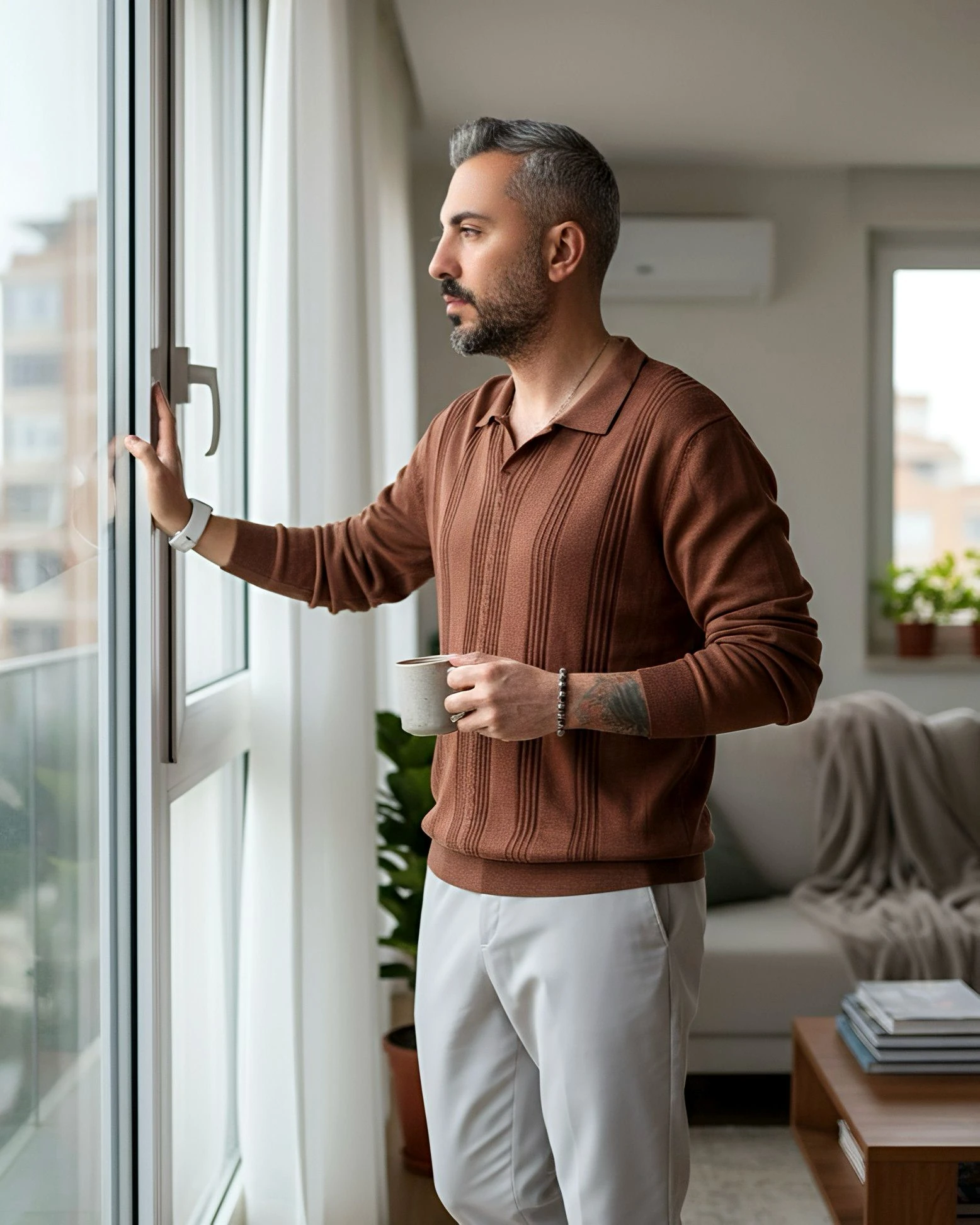 Kendinden Desenli Yakalı Erkek Triko Kazak