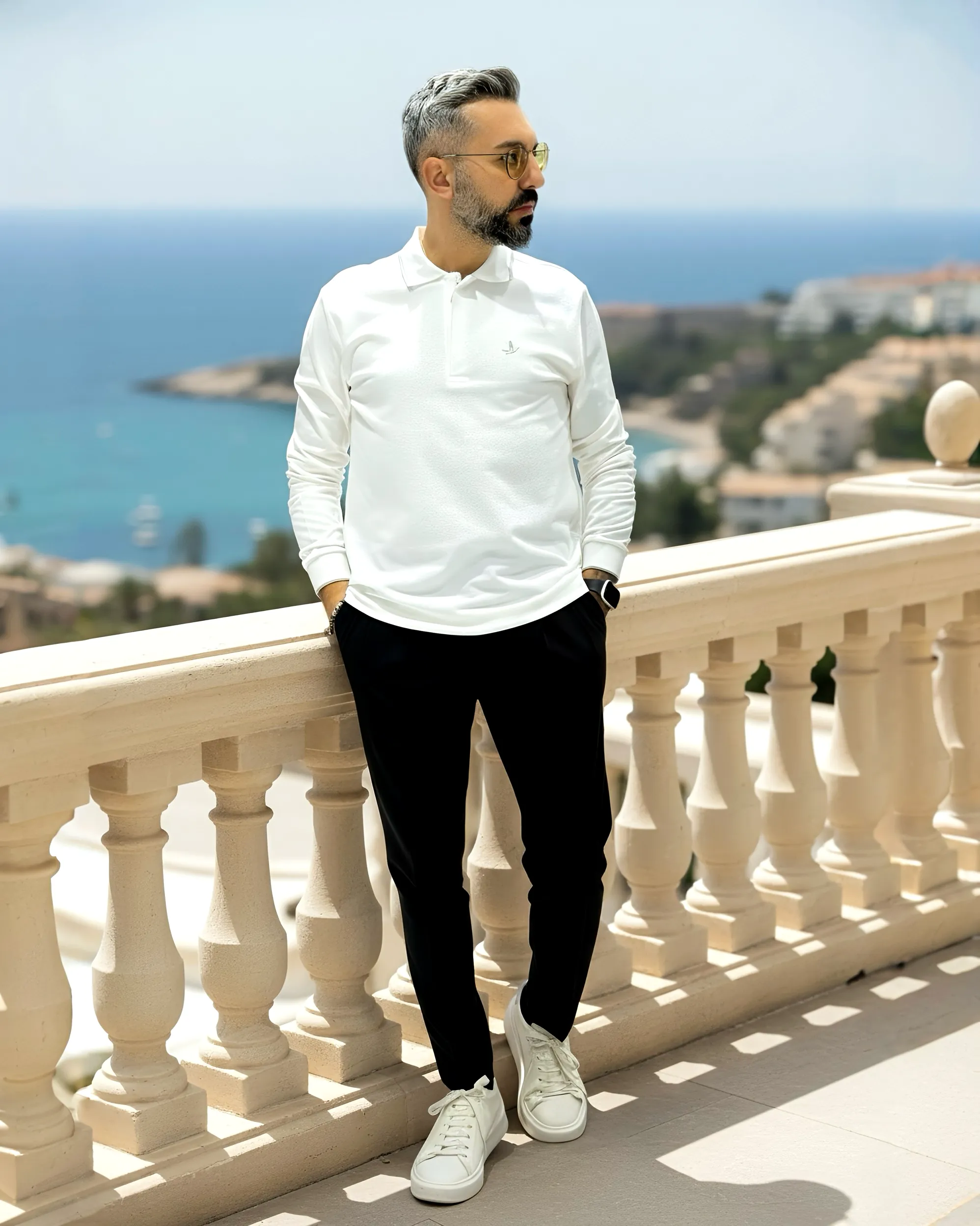 Uzun Kollu  Yarım Fermuarlı Pike Kumaş Erkek Polo - beyaz