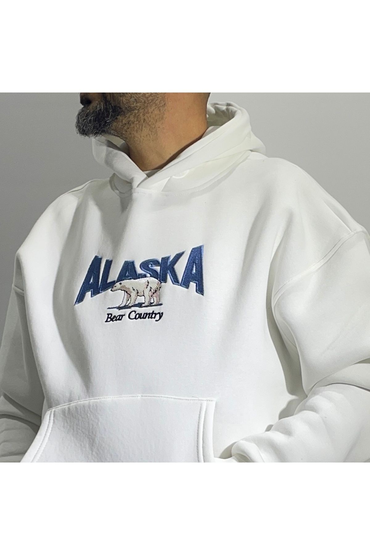 Alaska Nakış Detaylı Oversize Beyaz Hoodie