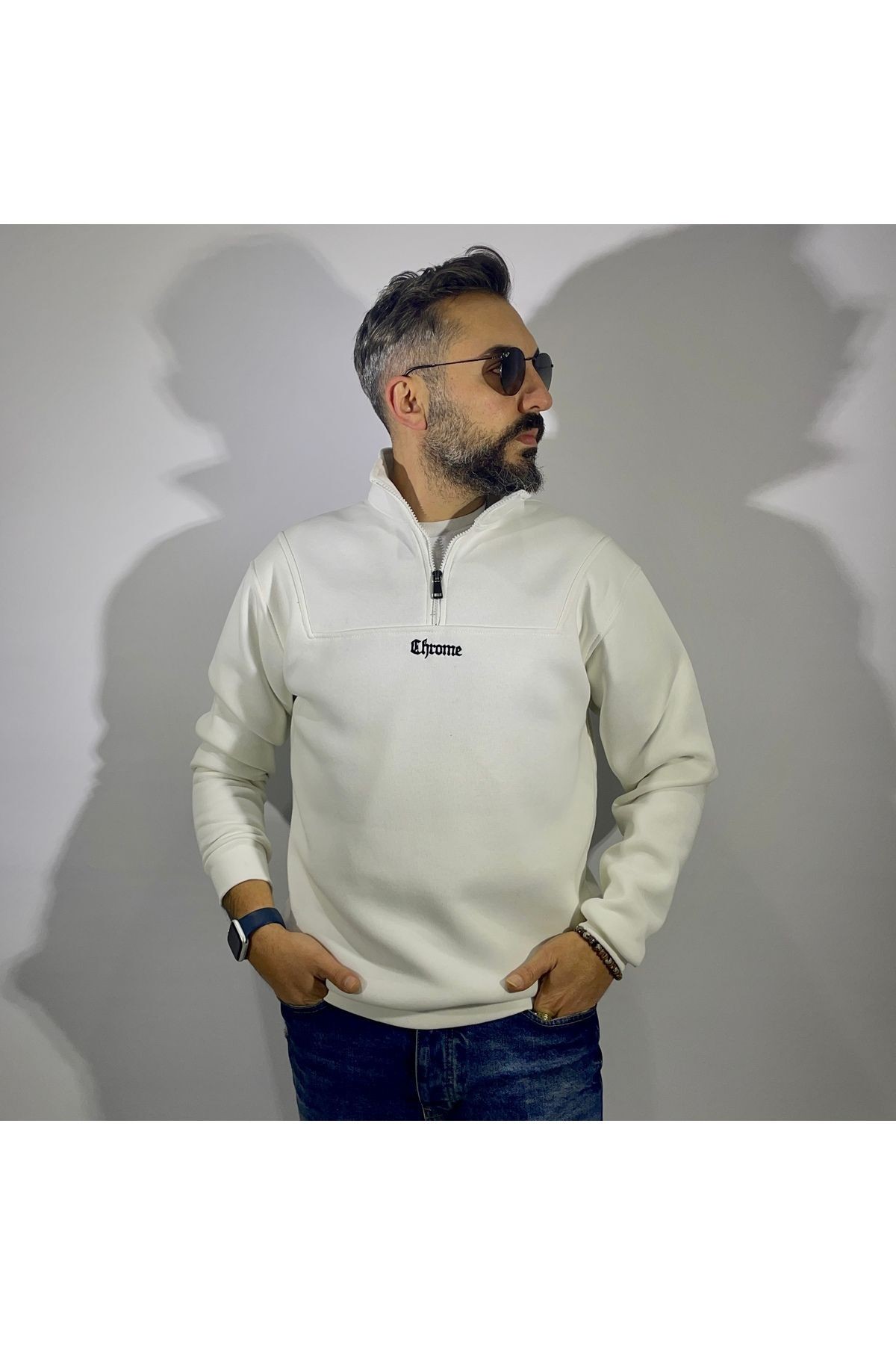 Yarım Fermuarlı Oversize Erkek Sweatshirt - ekru