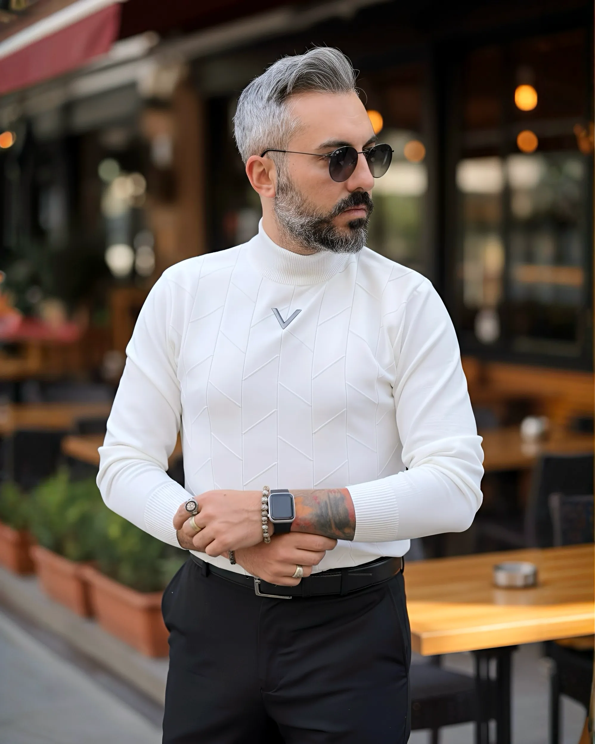 Yarım Balıkçı Desenli Triko Erkek Kazak - beyaz