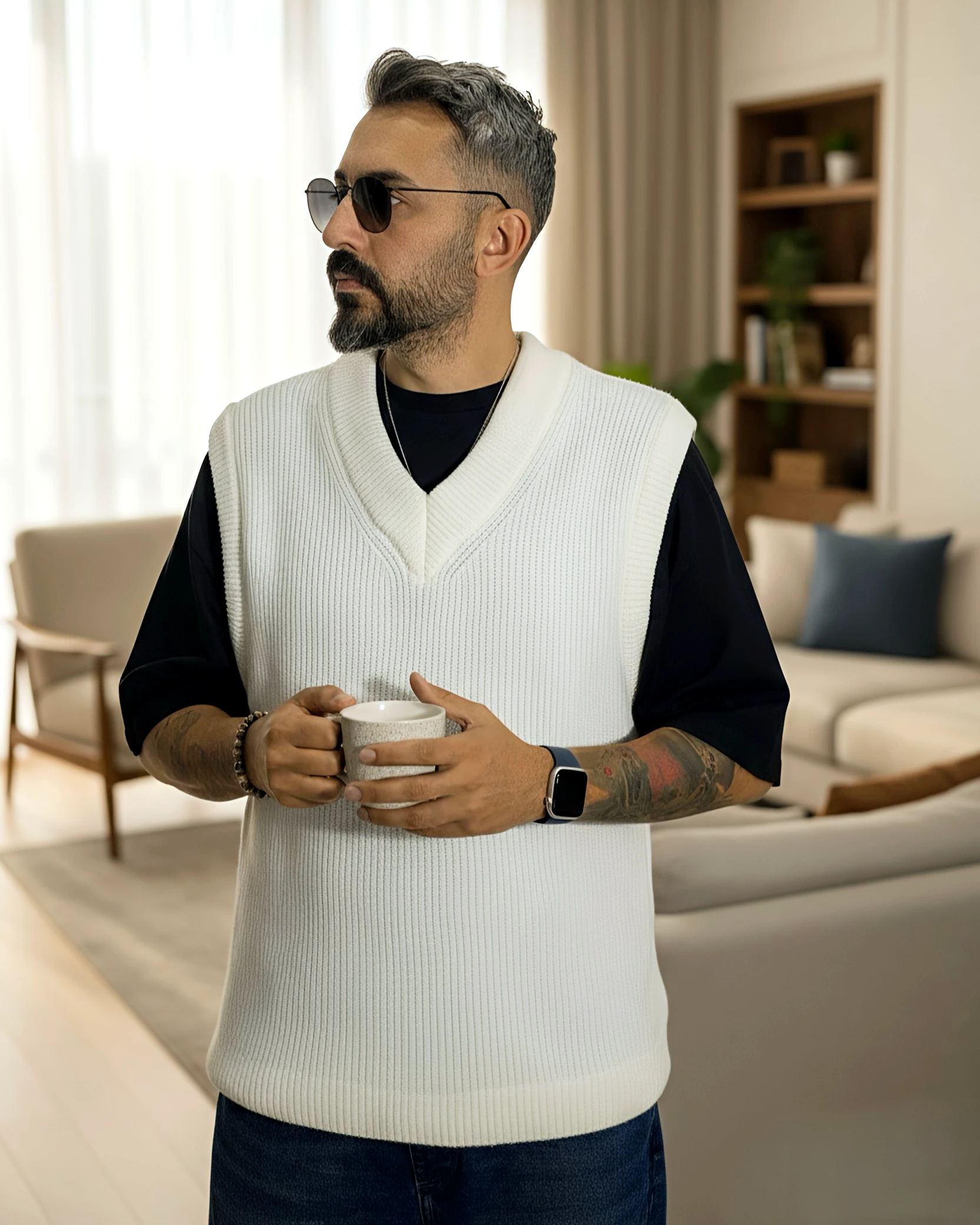 Kolsuz V Yaka Erkek Süveter - beyaz