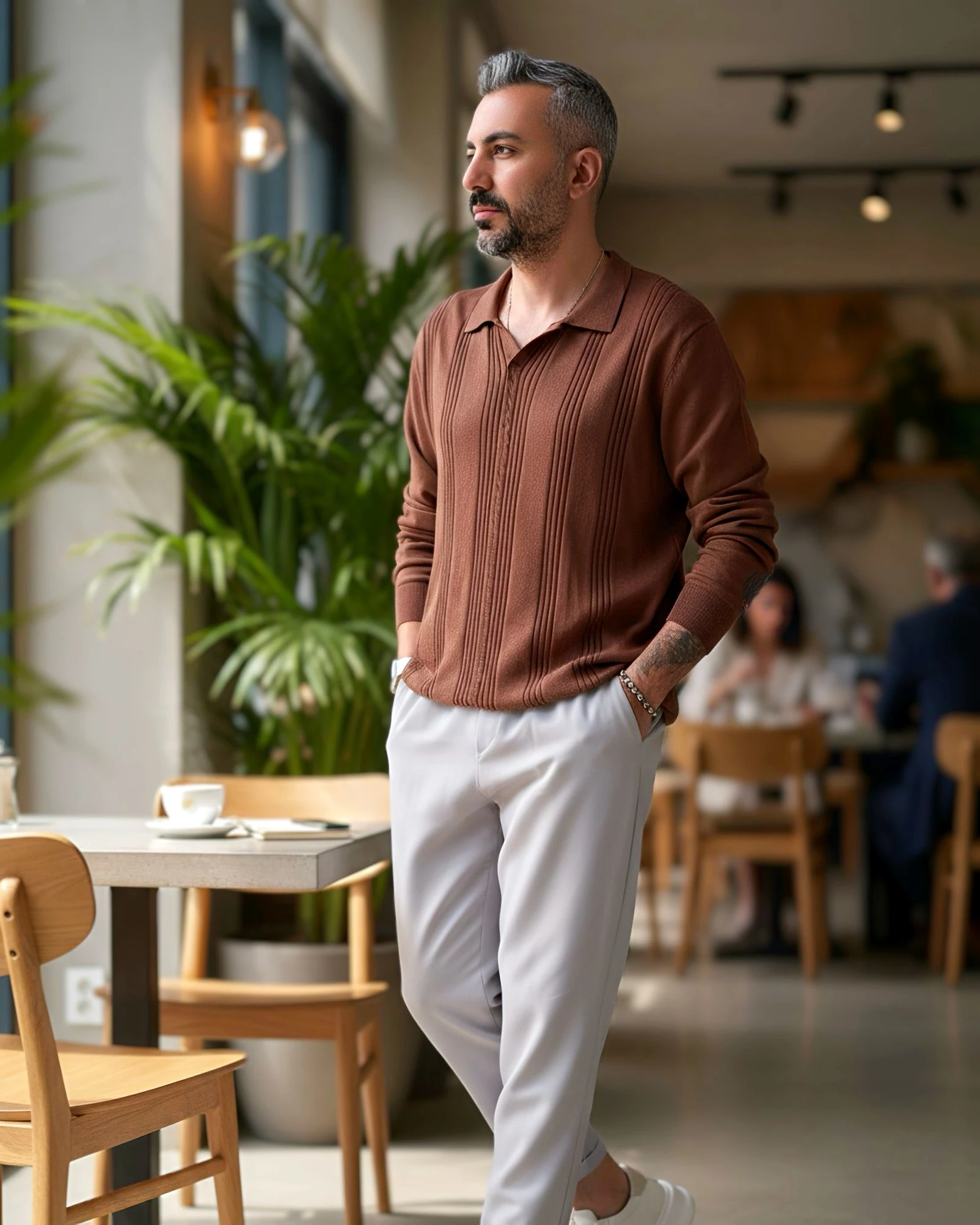 Kendinden Desenli Yakalı Erkek Triko Kazak