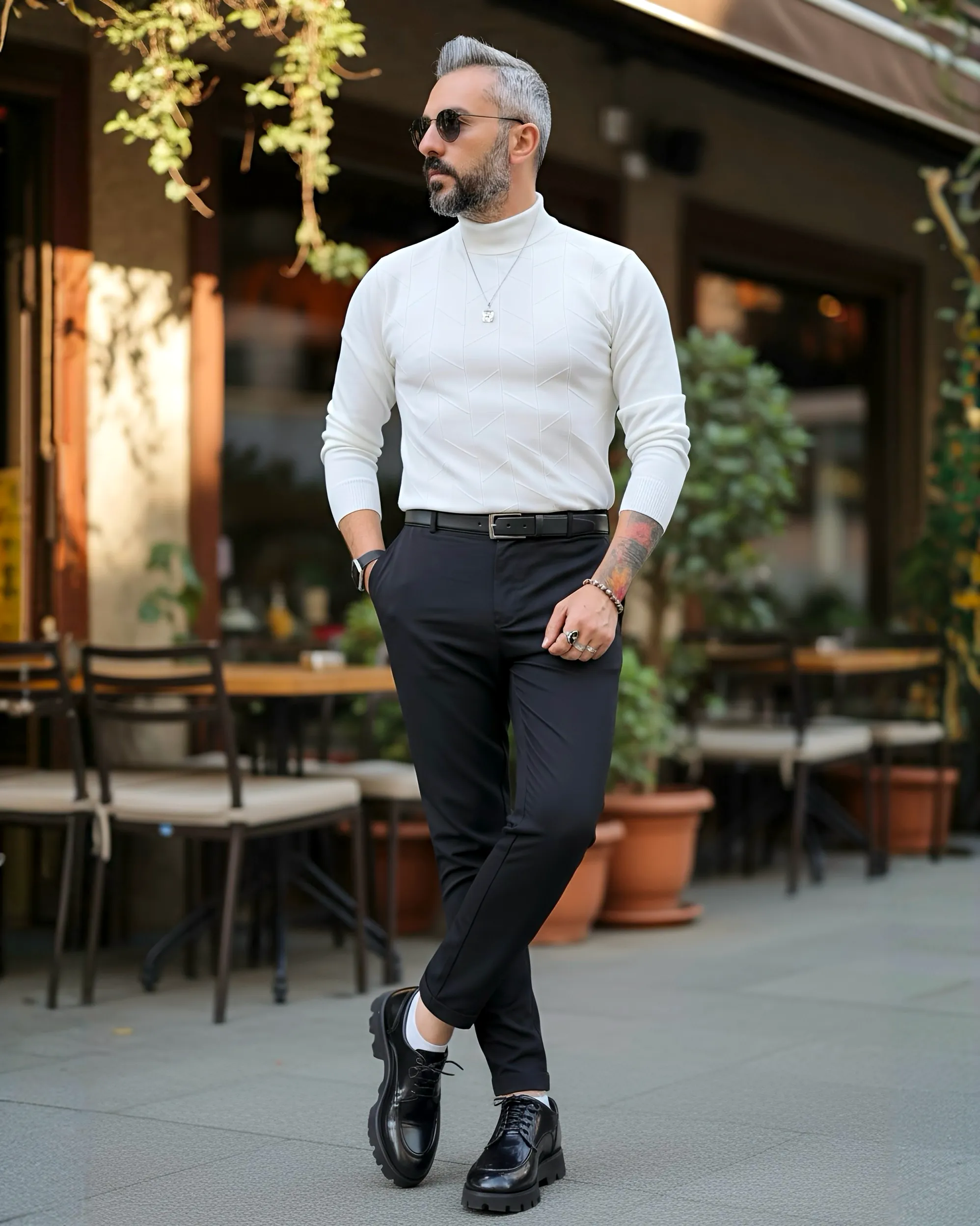 Yarım Balıkçı Desenli Triko Erkek Kazak - beyaz