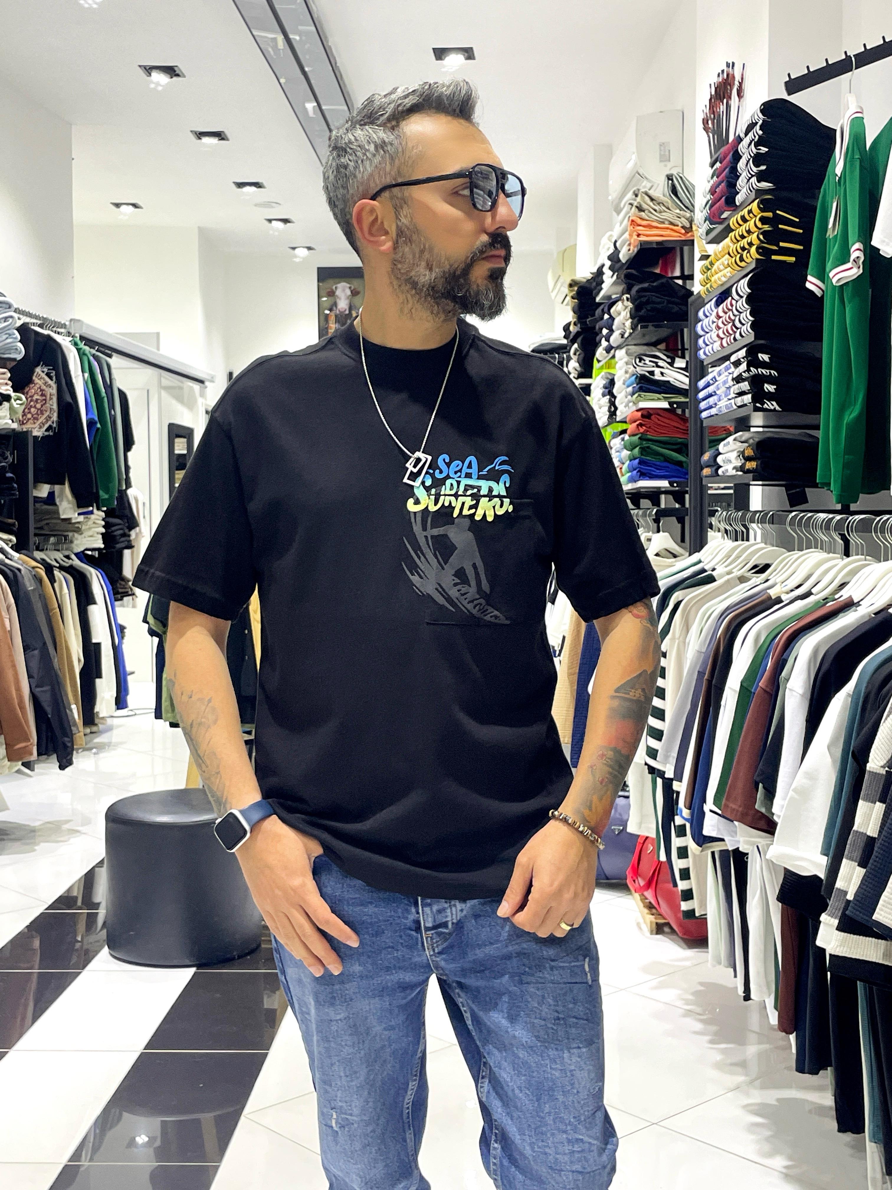 Sea Surfers Sloganlı Oversize T-Shirt - siyah