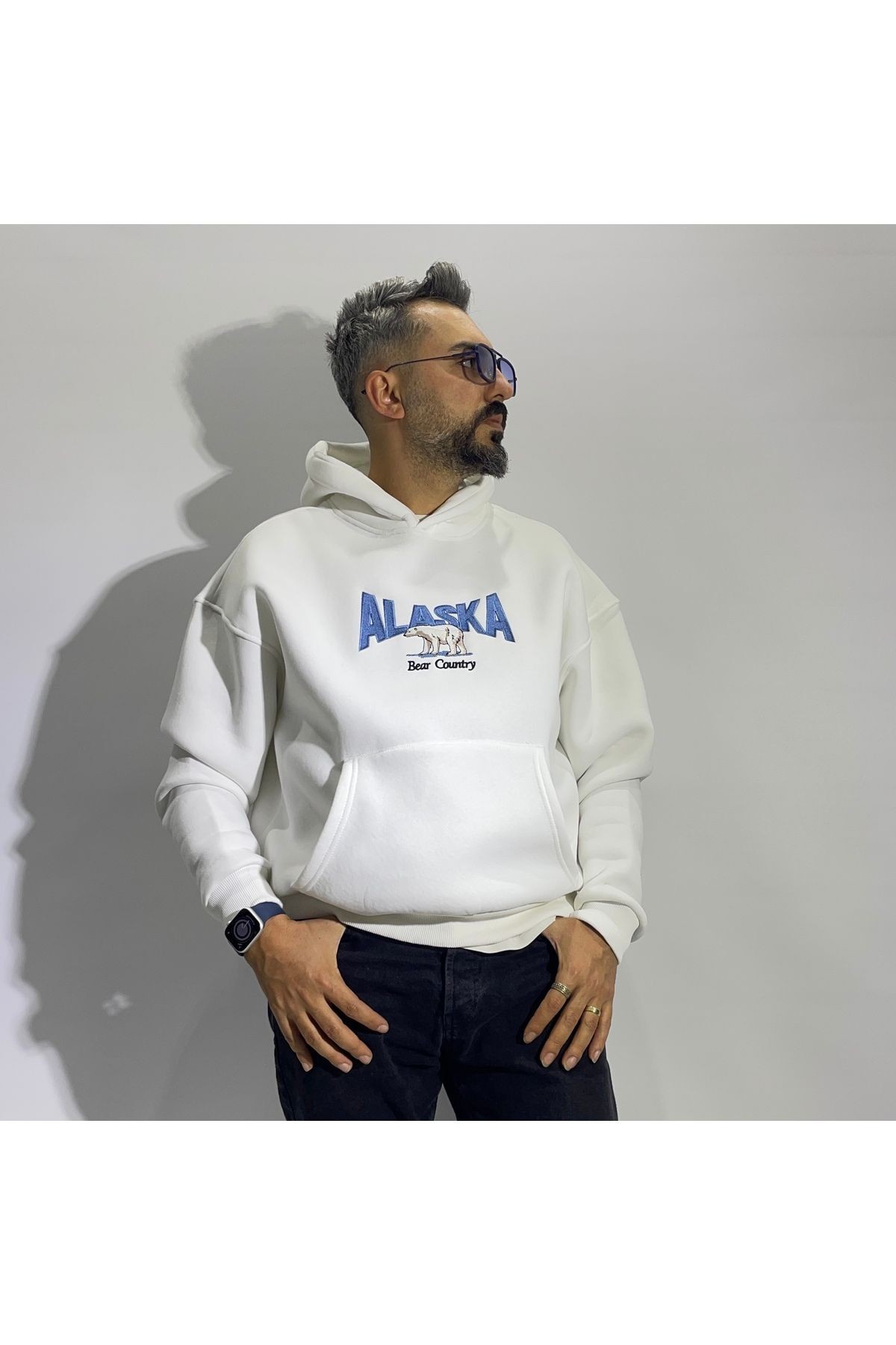 Alaska Nakış Detaylı Oversize Beyaz Hoodie