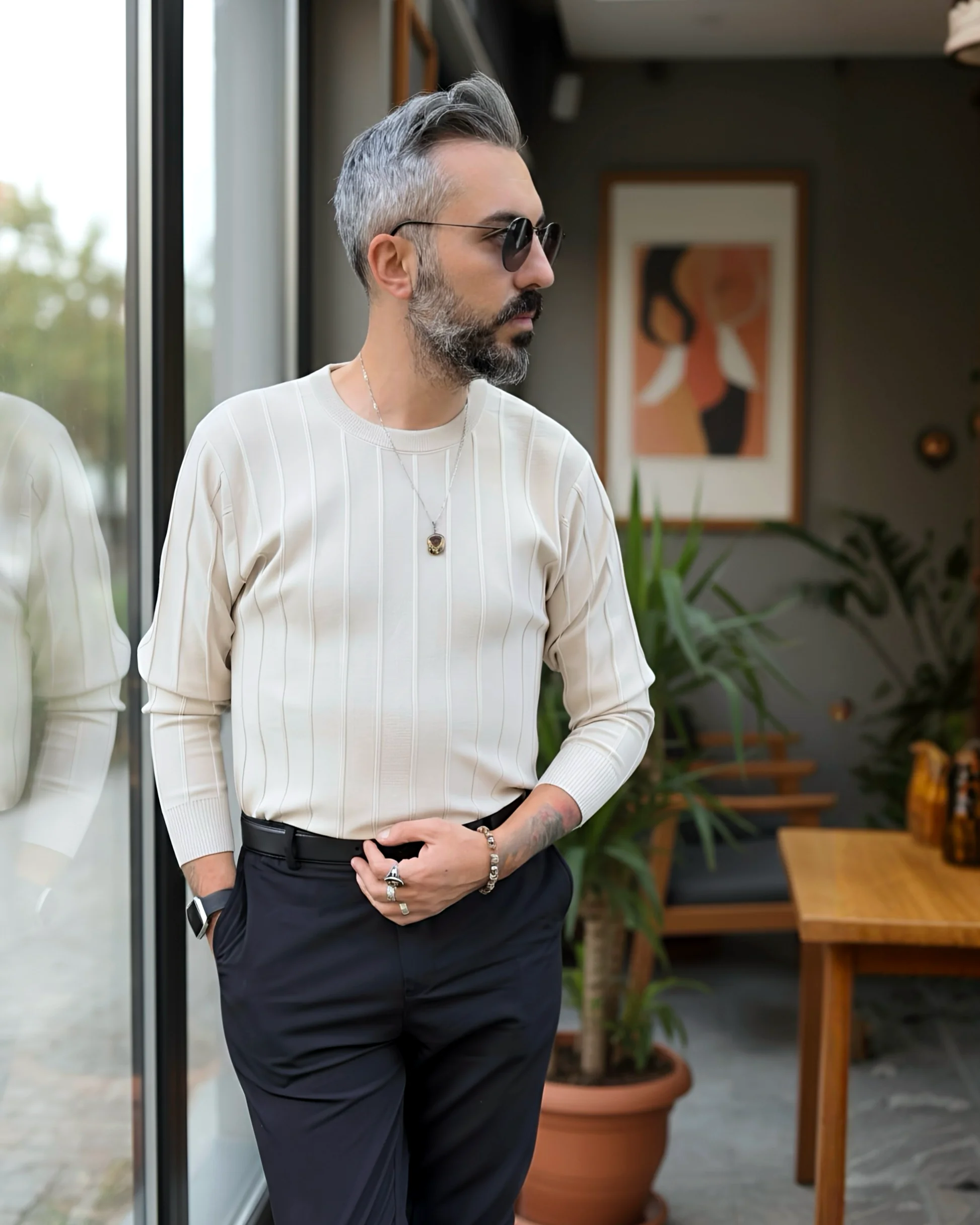 La Forma Fitil Dokulu Bisiklet Yaka Erkek Triko Kazak - bej