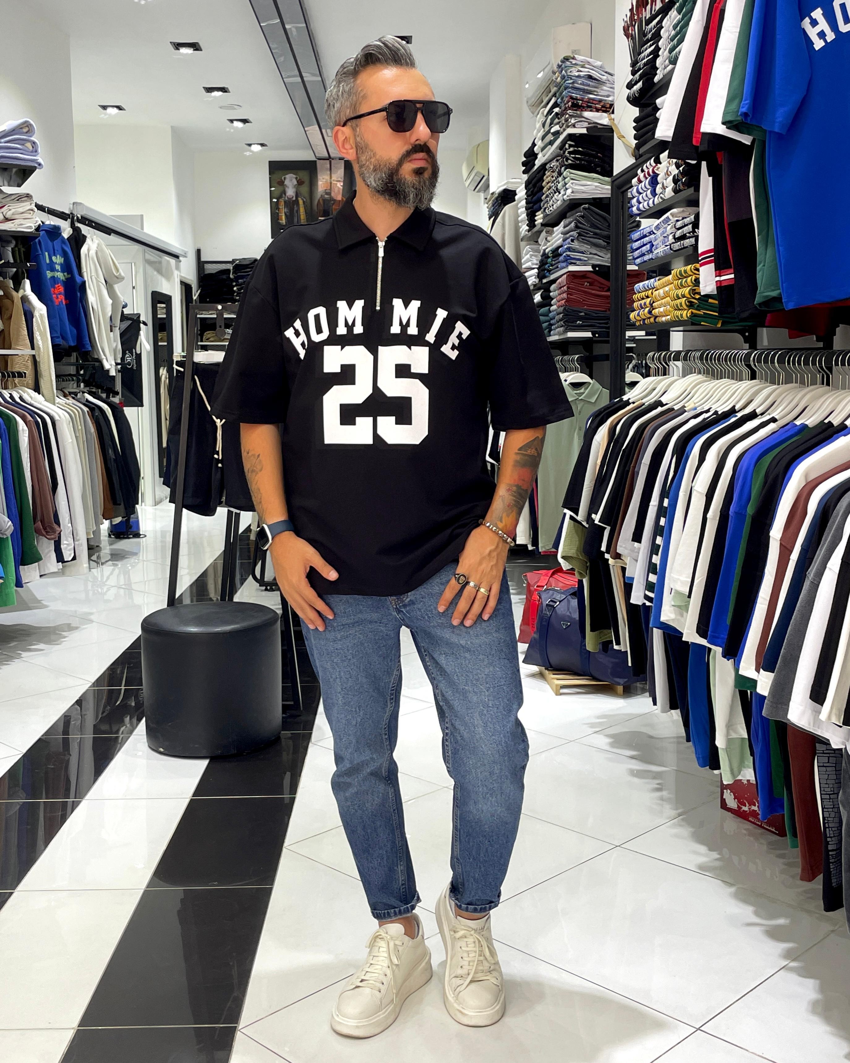 Hommie Baskili Oversize Erkek Polo Yaka T-Shirt - siyah