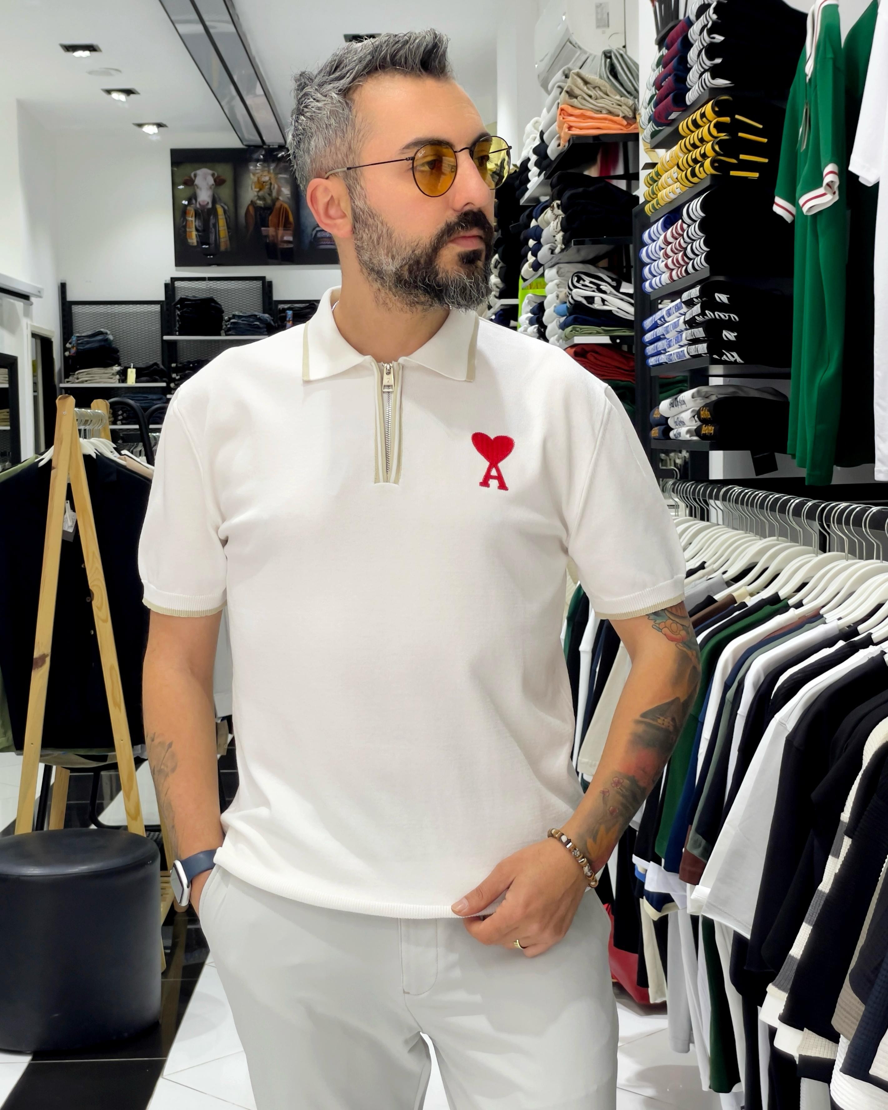Yarım Fermuarlı Triko Polo Yaka T-Shirt - beyaz