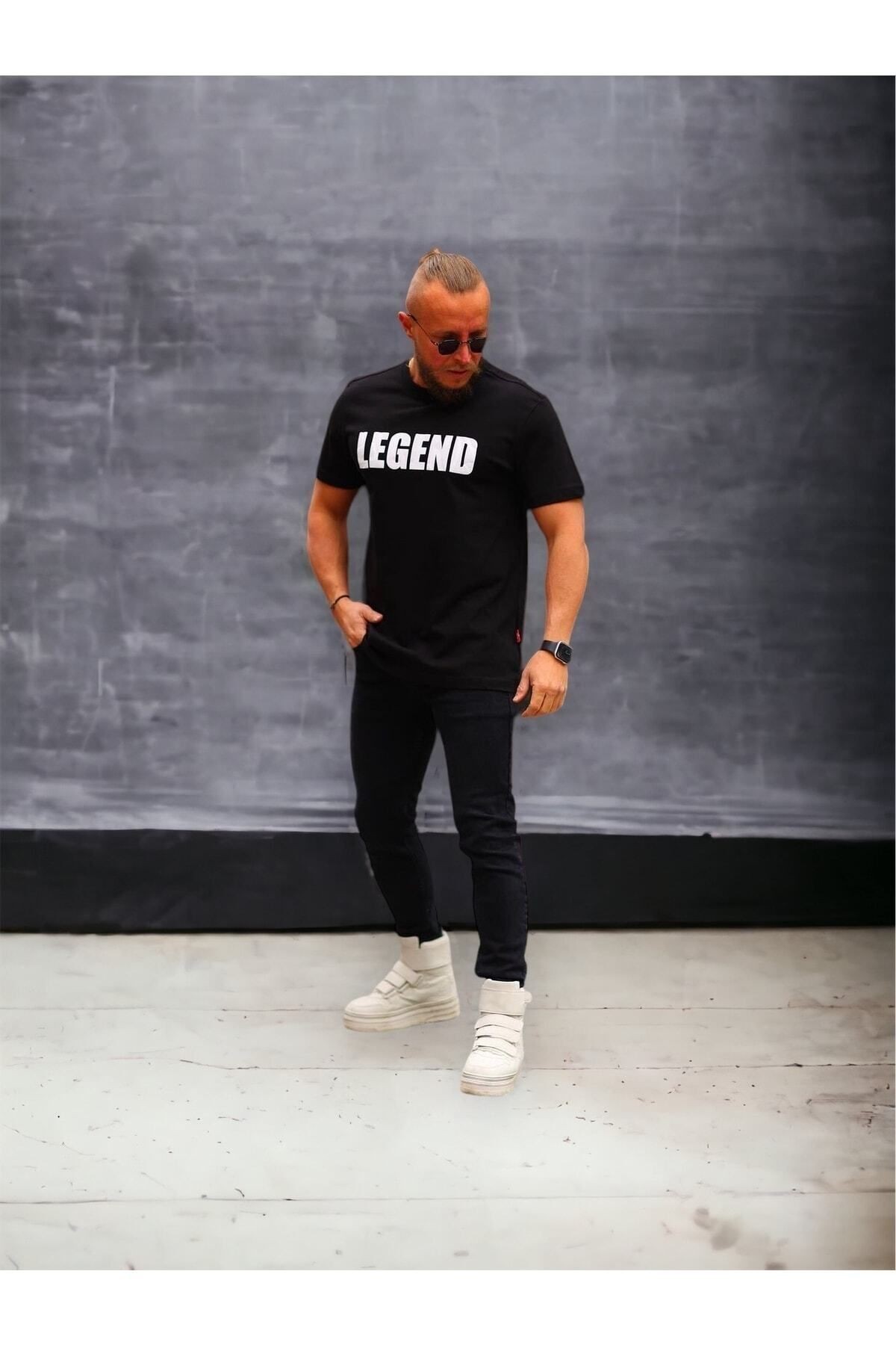 Legend Baskılı Rahat Kalıp %100 Pamuklu T-shirt - siyah