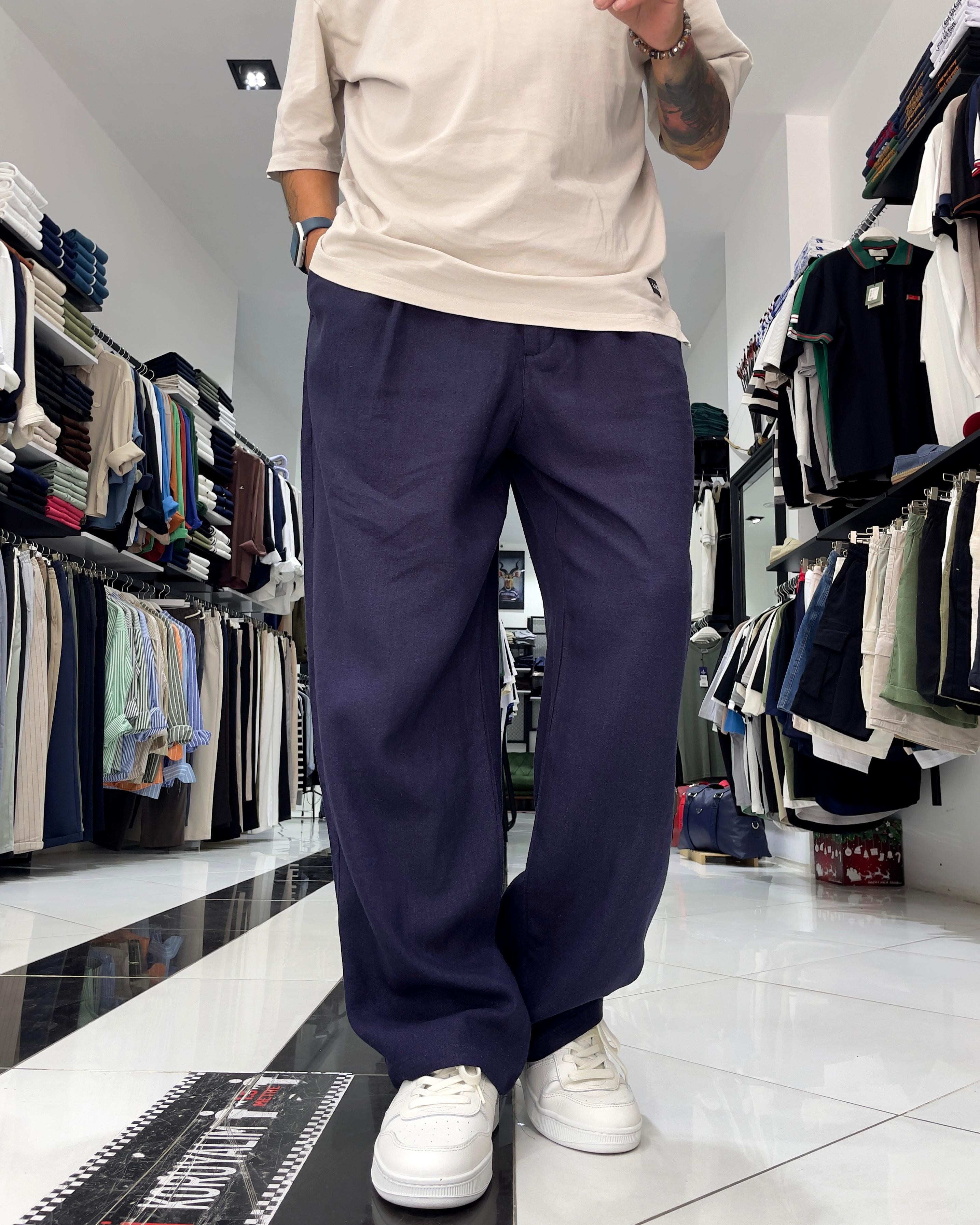 Lacivert Keten Erkek Baggy Fit Kemerli Pantolon