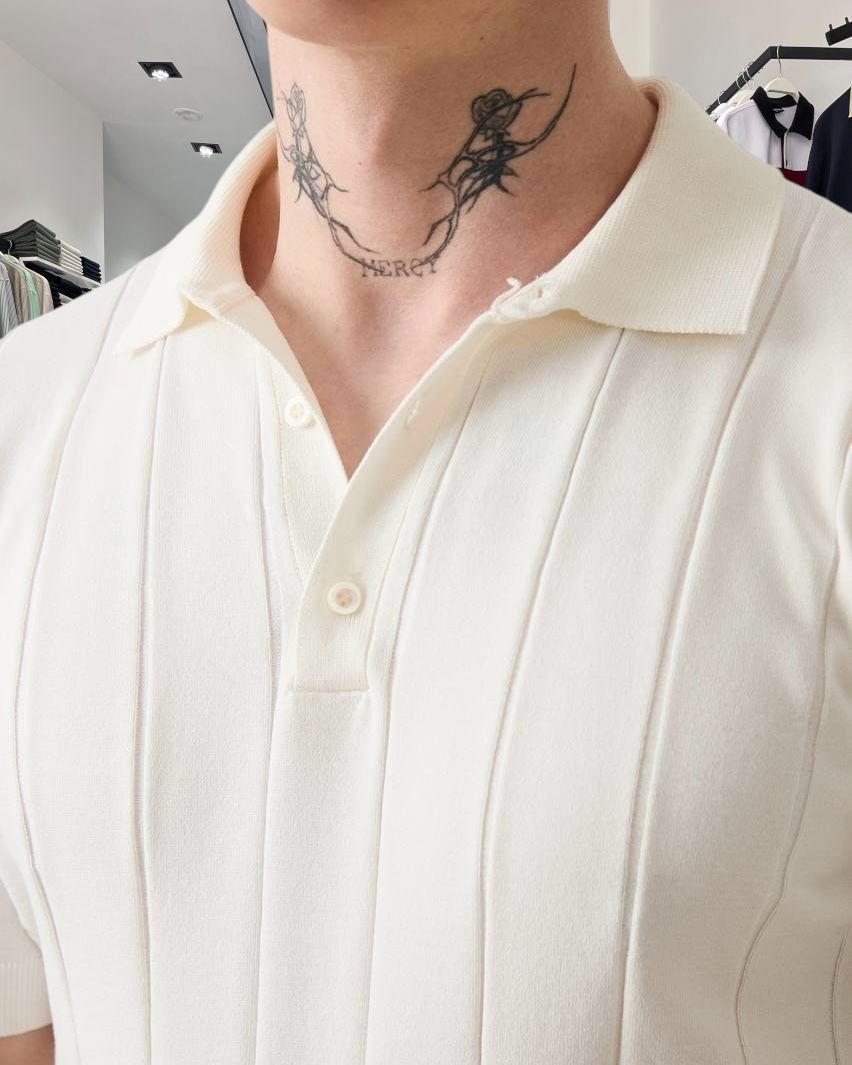 Dikey Desenli Triko Polo Yaka Erkek T-Shirt - ekru