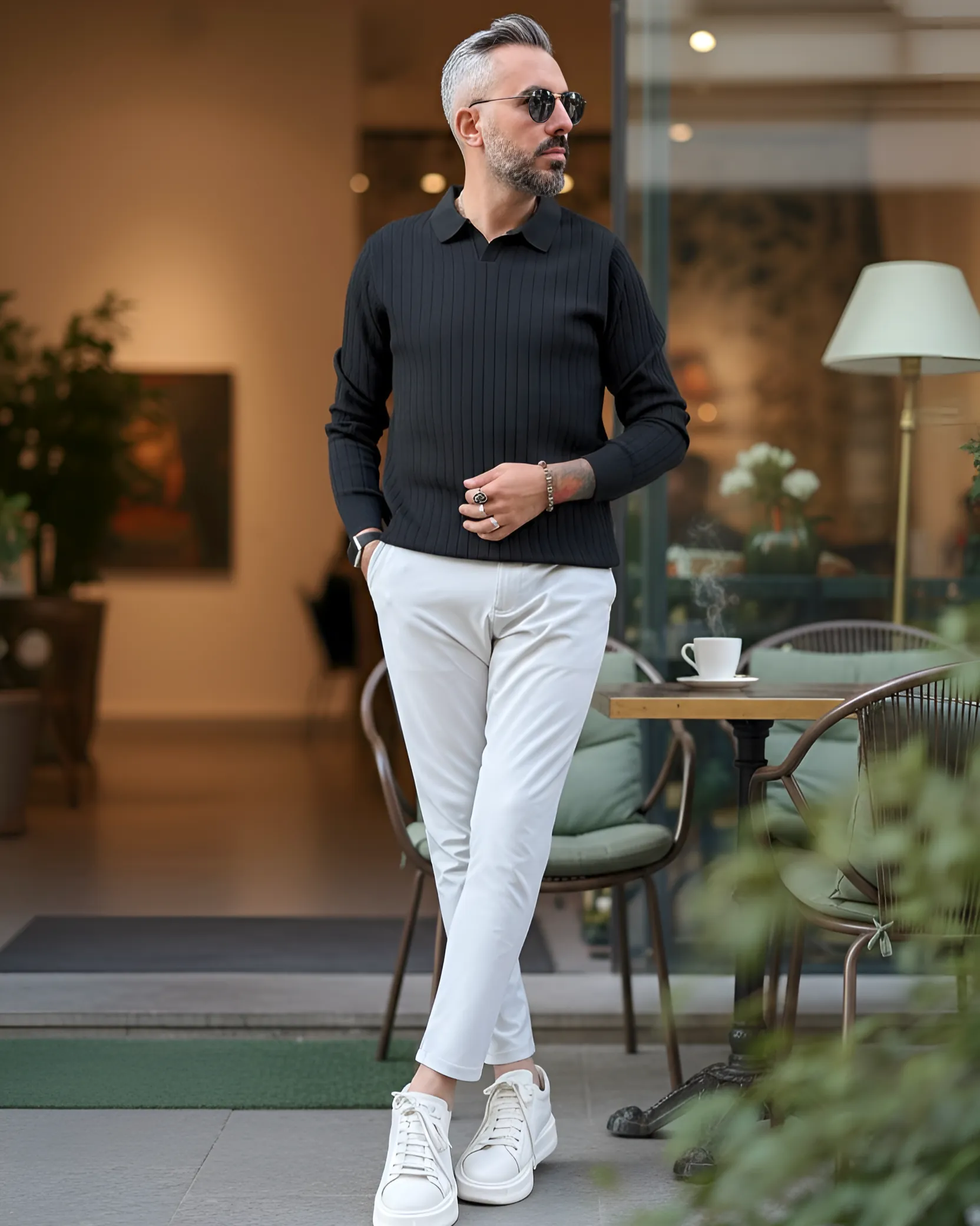 Old Money Rib Erkek Polo Yaka Triko Kazak - siyah