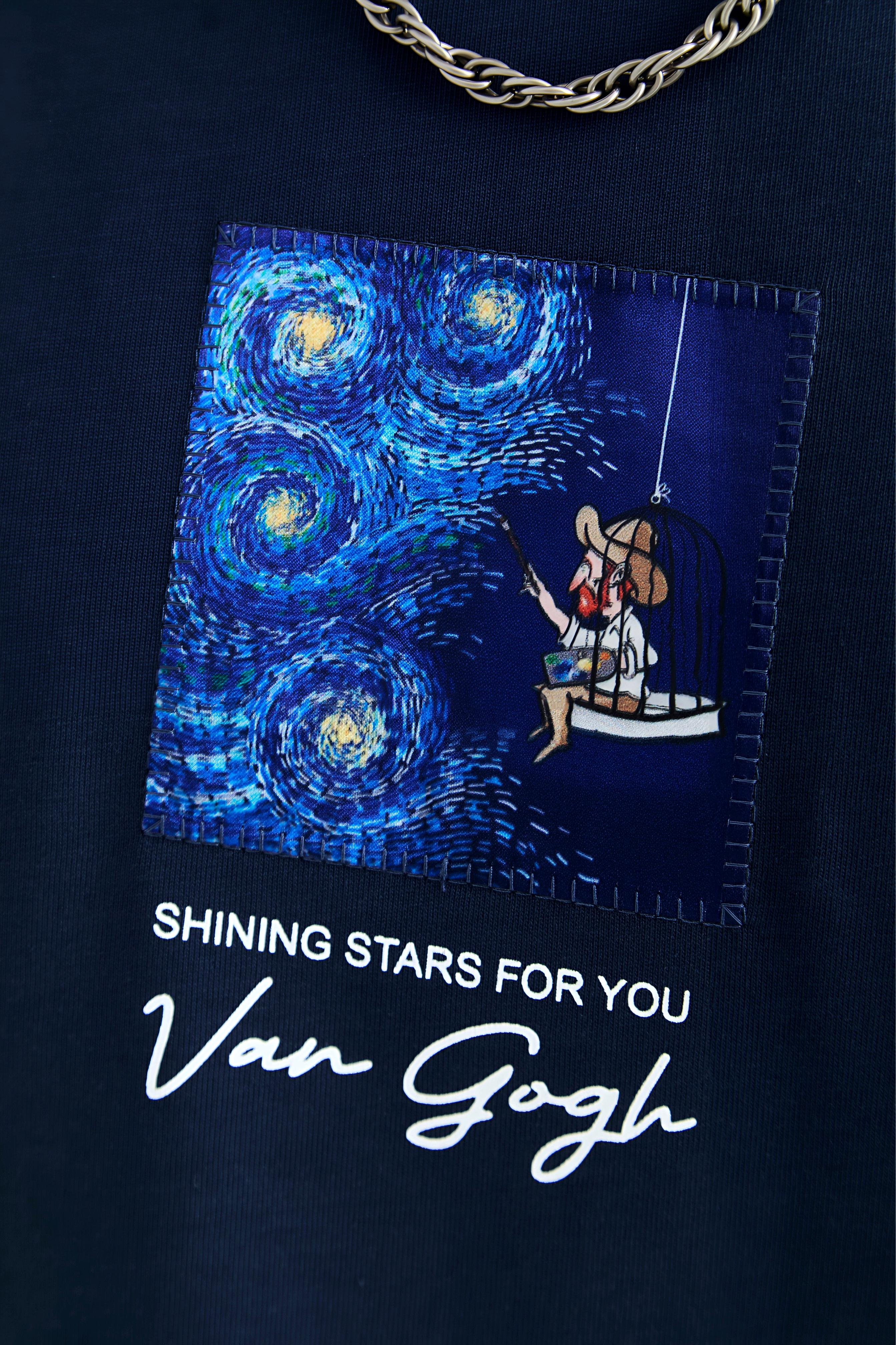 Starry Vision Sırt Kumaş Baskı Van Gogh Oversize Erkek T-Shirt - lacivert