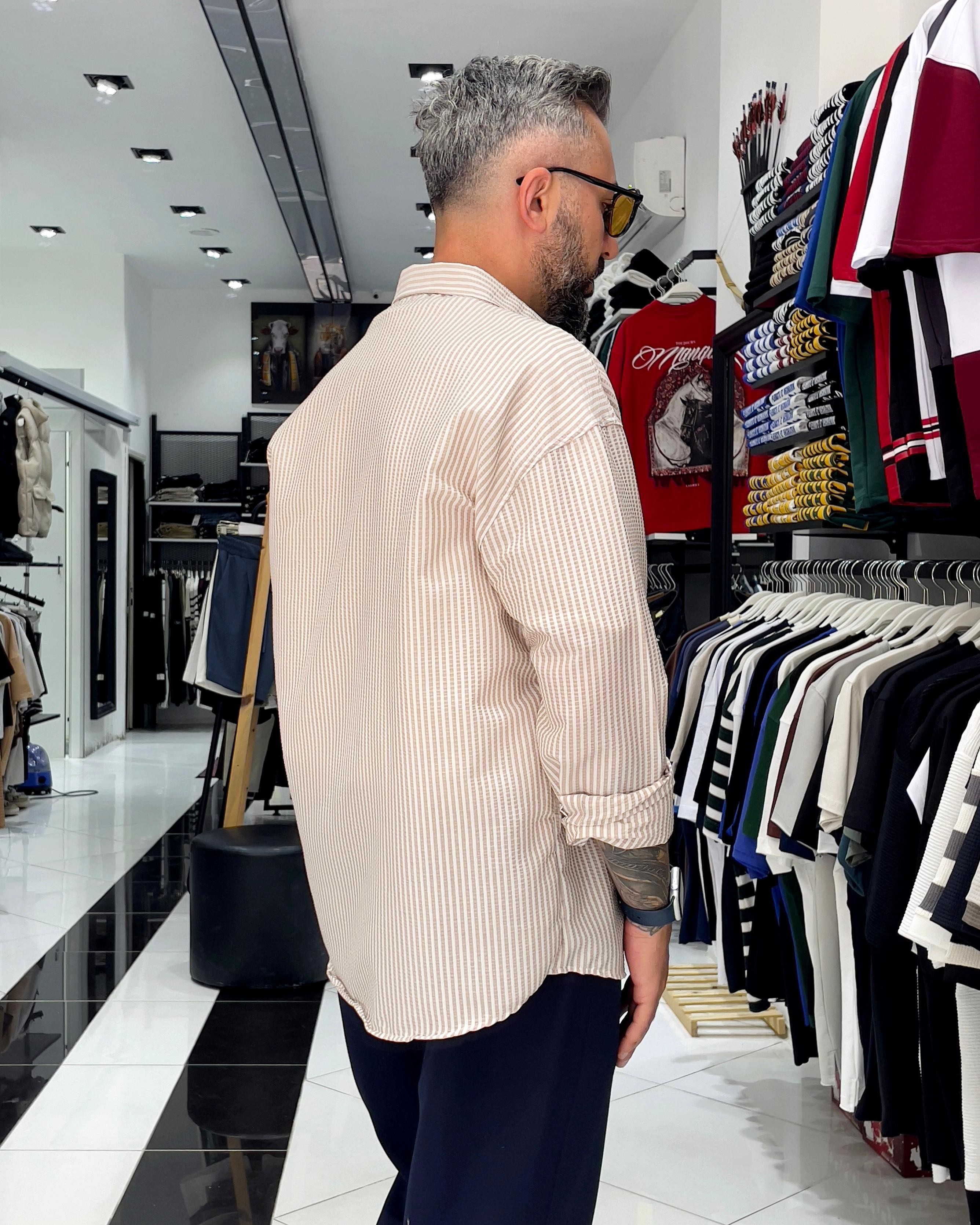 Gofre Kumaş Çizgili Oversize Erkek Gömlek