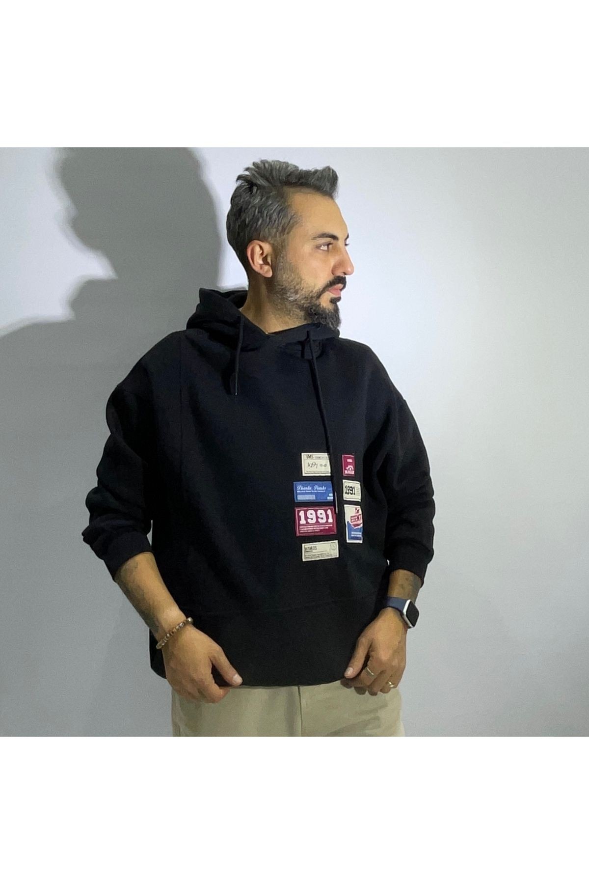 Patchli Oversize Erkek Hoodie - siyah