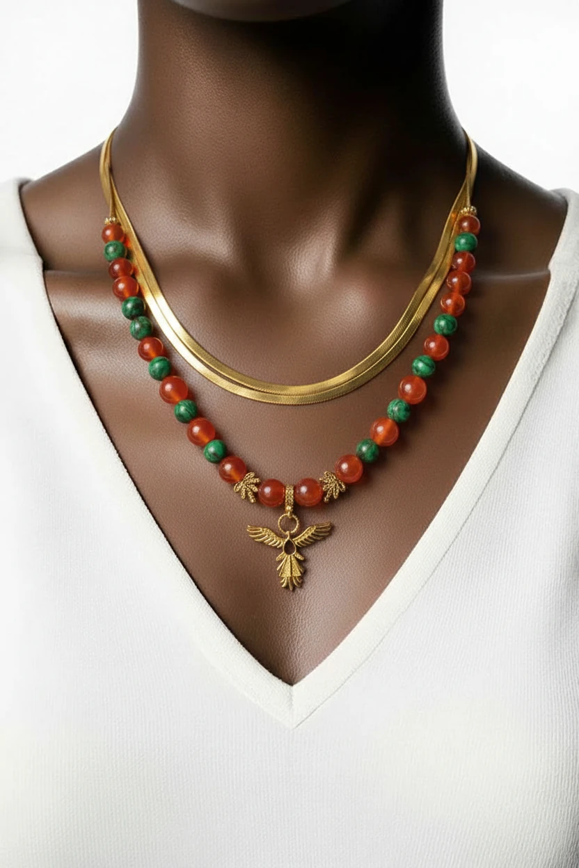 akik ve yeşim doğal taş ve çelik italyan zinciri anka kuşu uçla zenginlestirlmiş tasarım ürün. 