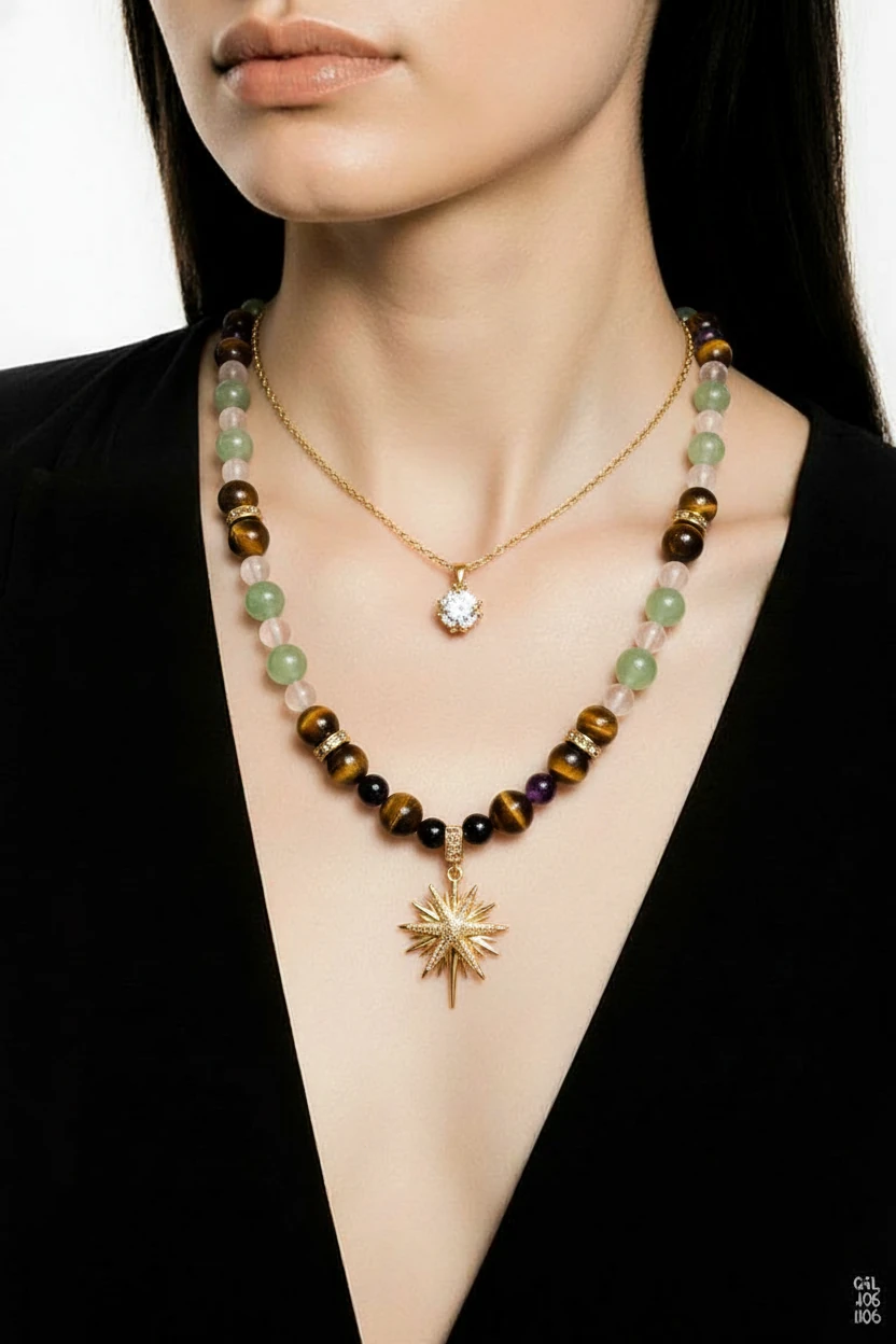 kaplan gözü ,sitrin,siyah akik doğal taşlar dan tasarım kolye. sirus yıldızı uçlu ve tektaş çelik kolye. 