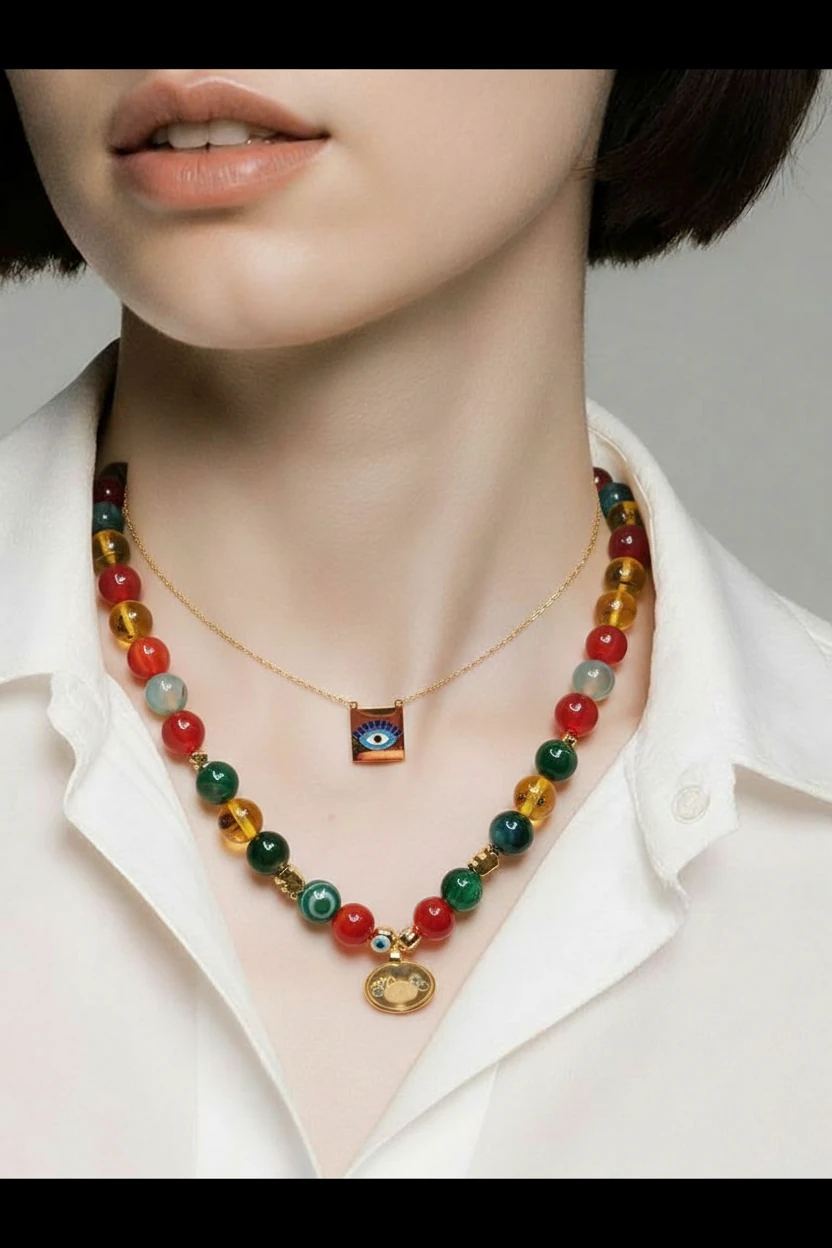 bereket kolyesi akik ve reçine karınca fosilli çelik uçlu 2li  bereket ve nazar kolyesi özel tasarım.