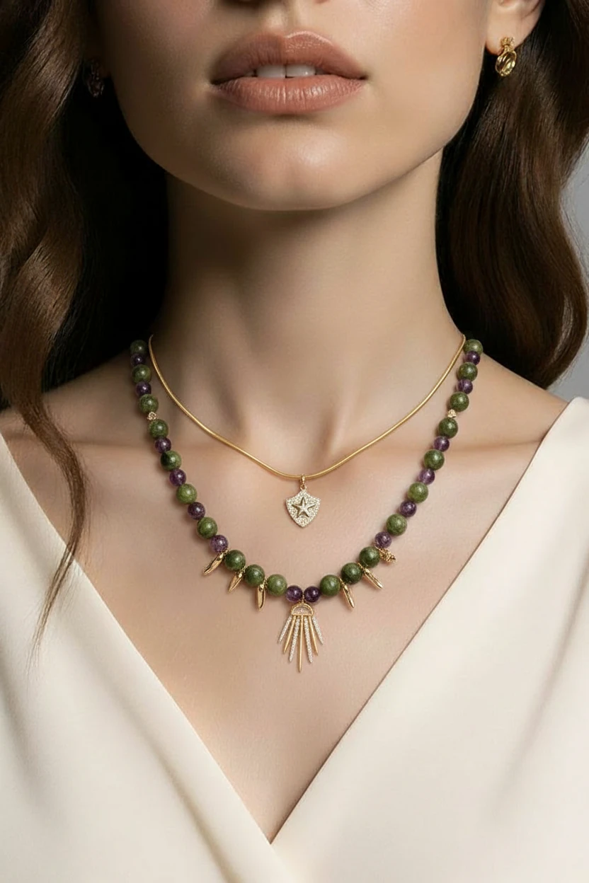 yeşim taşi ve amatis çelik sirus yıllldızı  doğal taş kolye 