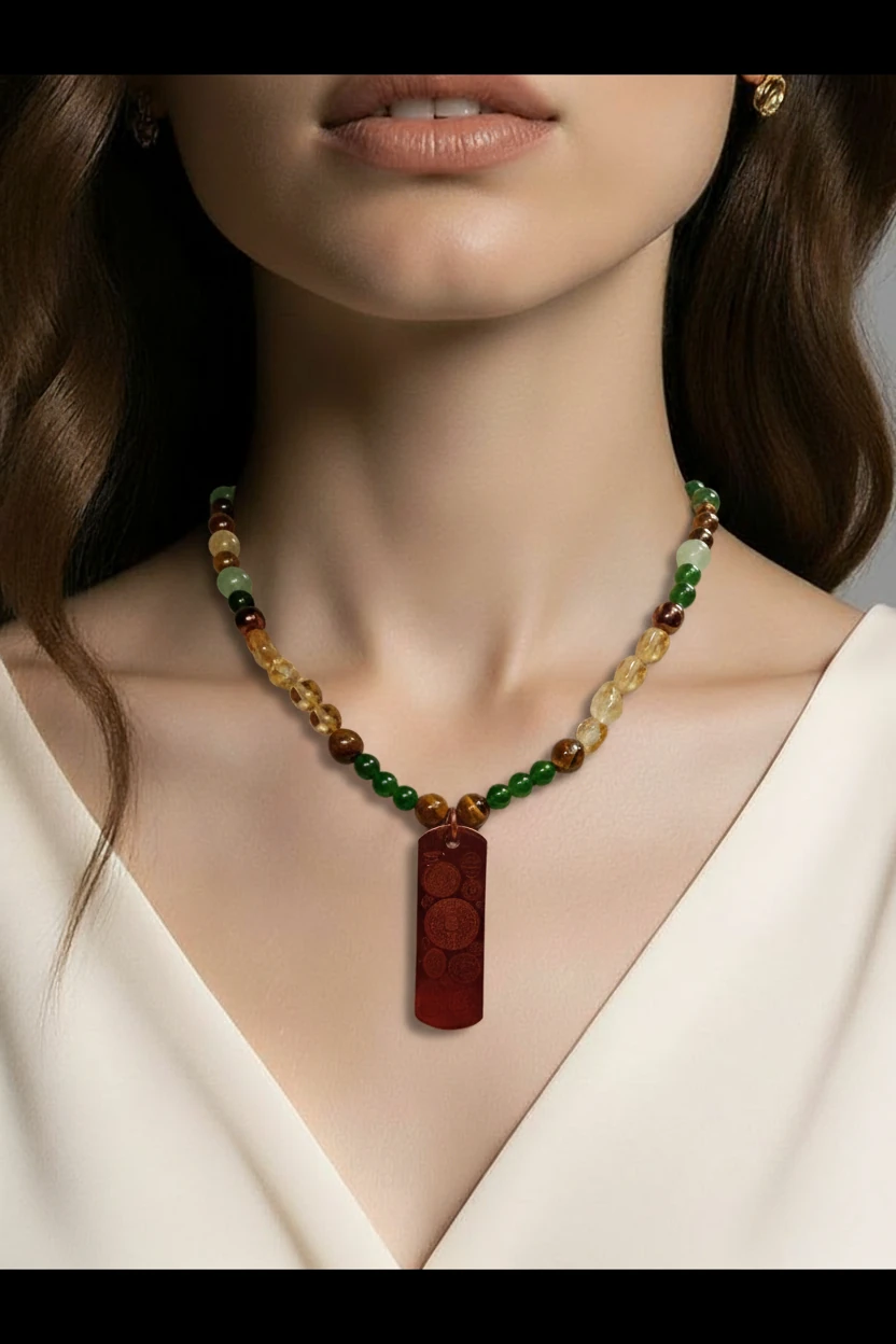 bakır levha üzerin çeşitli bereket ve koruma duaları ile birlikte sitrin ,akik, hematit taşlarının kombini yapılmış özel tasarım kolye. 