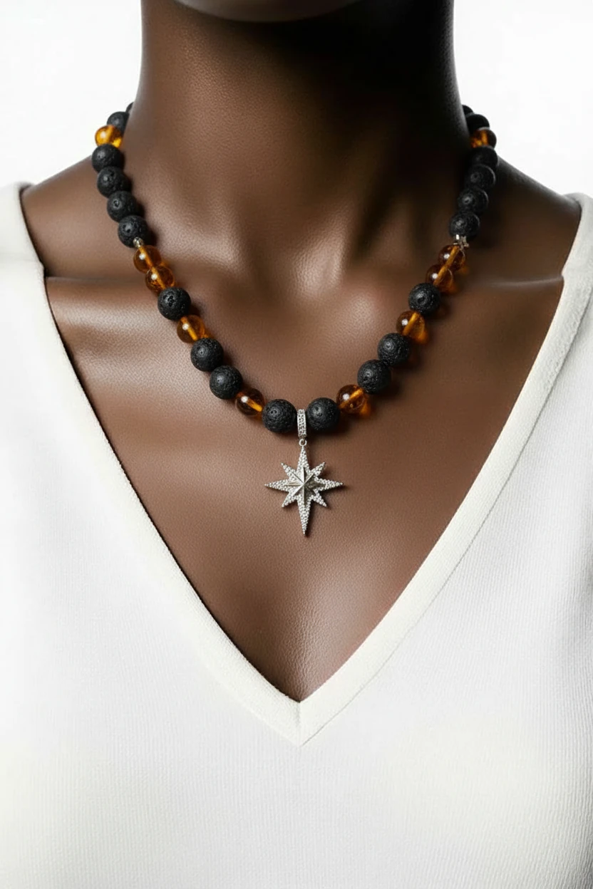 volkan taşı ve ağaç reçinesi karınca fosilli sirus yıldızı çelik uçlu kolye bereket  kolyesi tasarım kolye. 