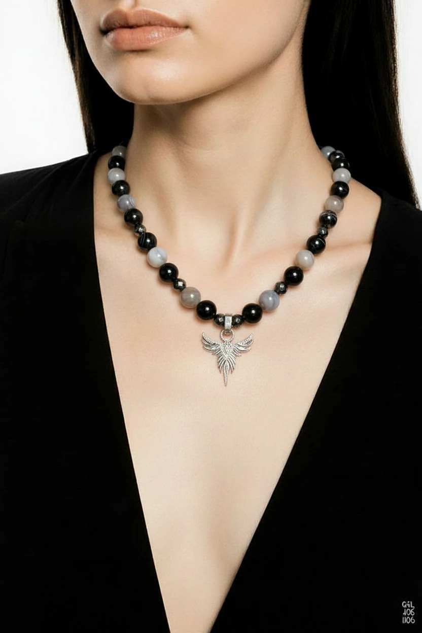 aytaş ve hematit taşlarının kombinsayonu ve çelik anka kuşu kolyesi. 