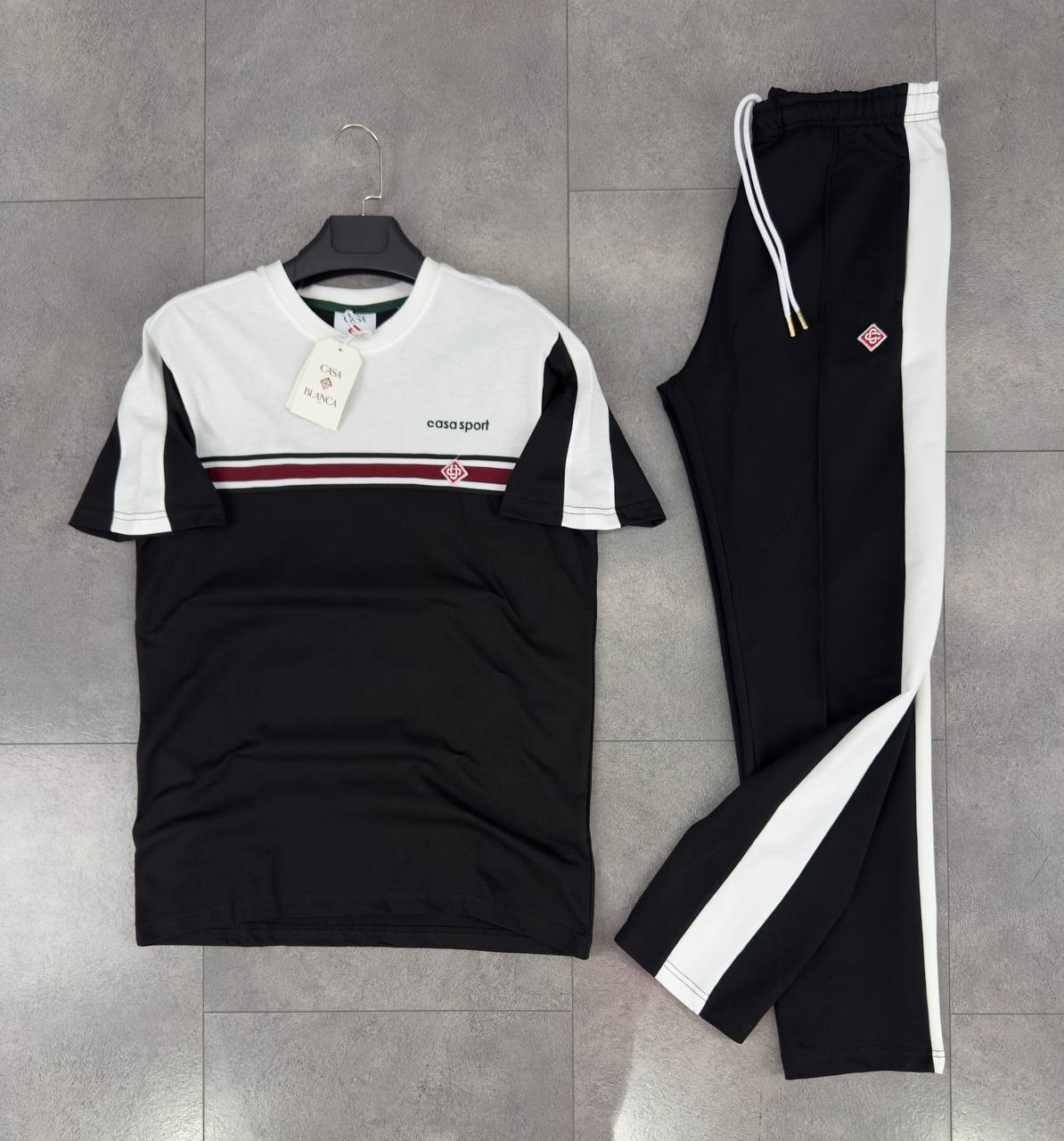 Sport 3 Renk T-Shirt & Şort Takımı - Jet Black/Eggshell White/Burgundy Stripe