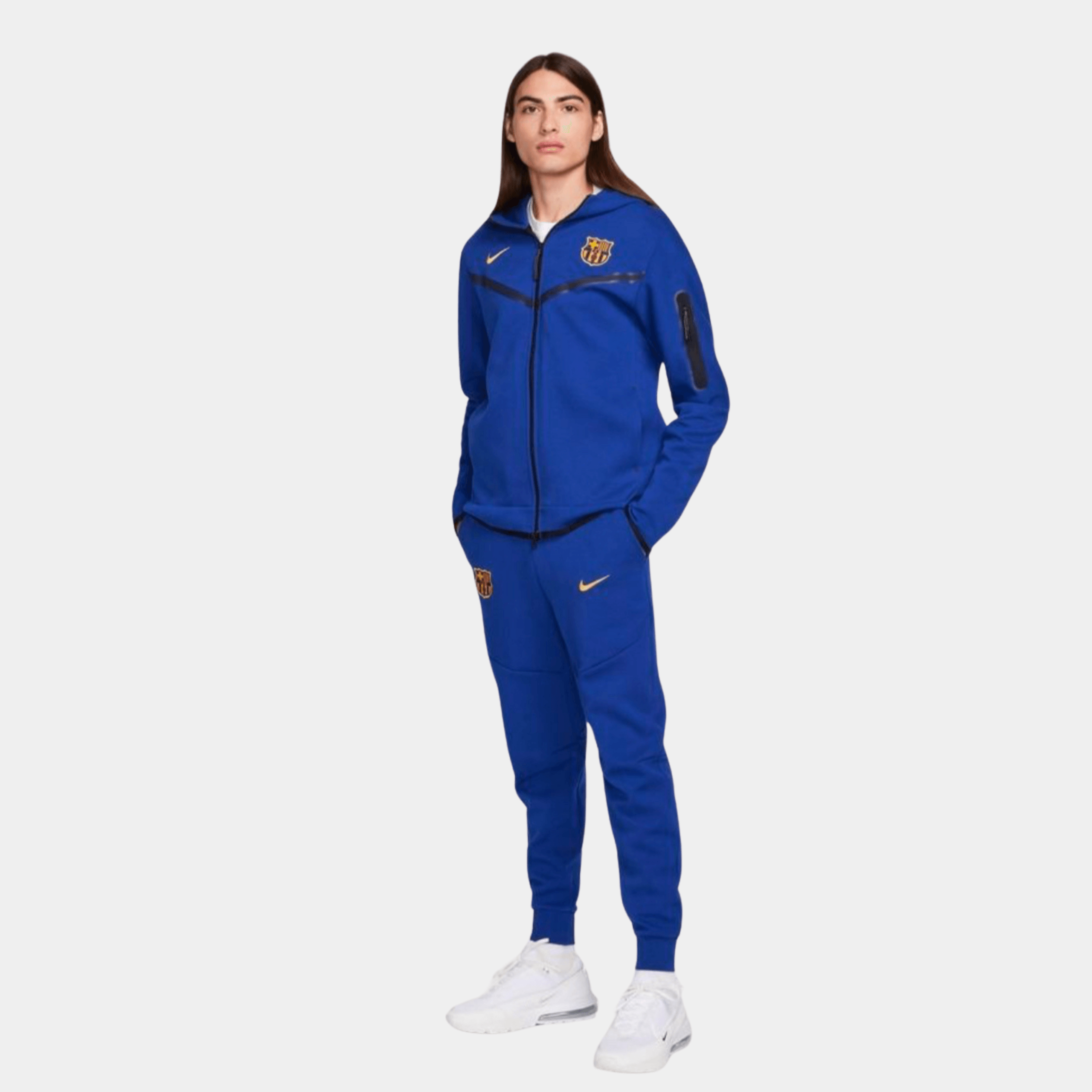 Barcelona X Nike Tech Fleece Full Zip Hoodie & Joggers Set - Game Royal/University Gold/Black