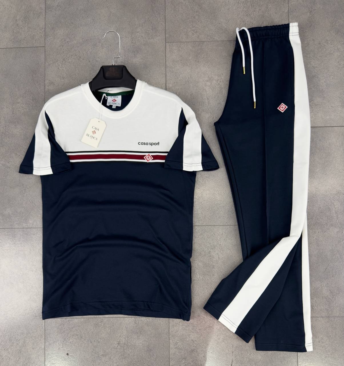 Sport 3 Renk T-Shirt & Şort Takımı - Deep Navy/Eggshell White/Burgundy Stripe