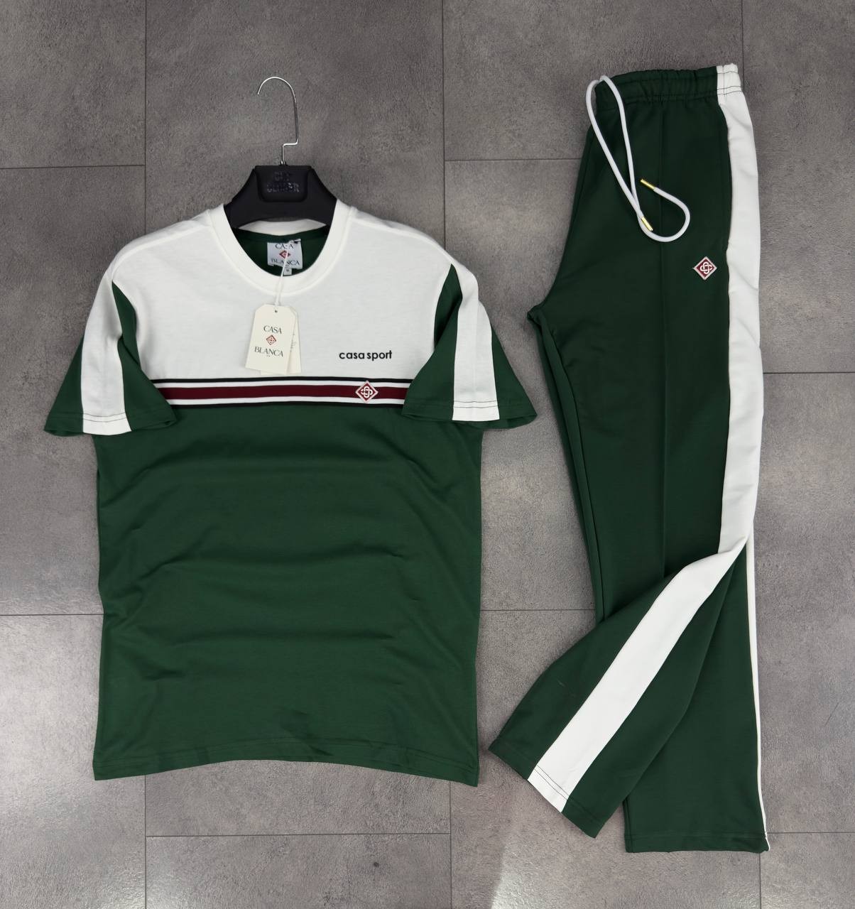 Sport 3 Renk T-Shirt & Şort Takımı - Pine Green/Eggshell White/Burgundy Stripe