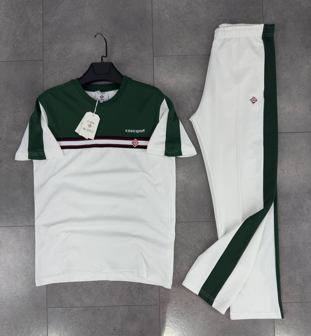 Sport 3 Renk T-Shirt & Şort Takımı - Ivory White/Pine Green/Burgundy Stripe
