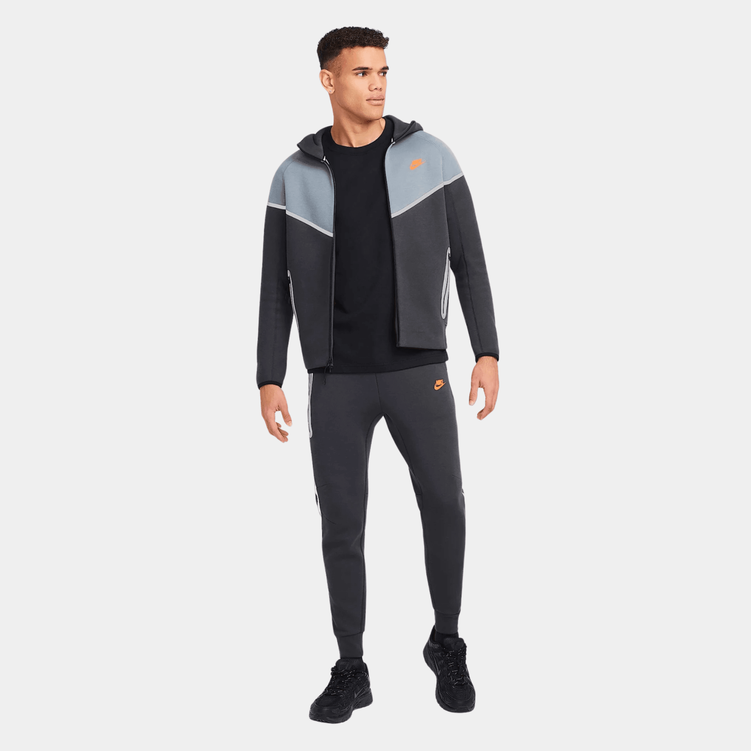 Refletive Tech Fleece Full Zip Hoodie & Joggers Set - Black/Smoke/Orange
