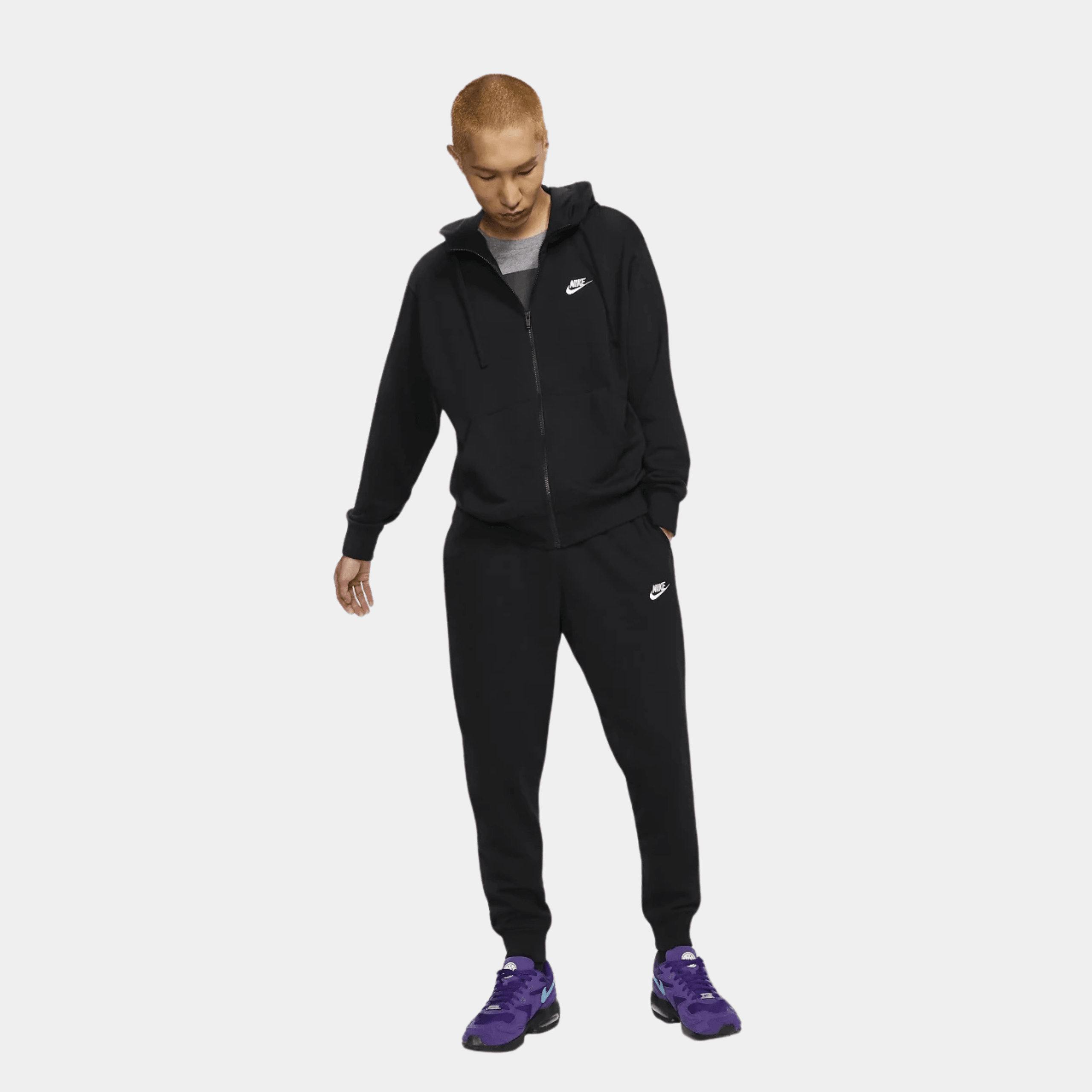 Club Fleece Cotton Full Zip Hoodie & Joggers Set - Black/White