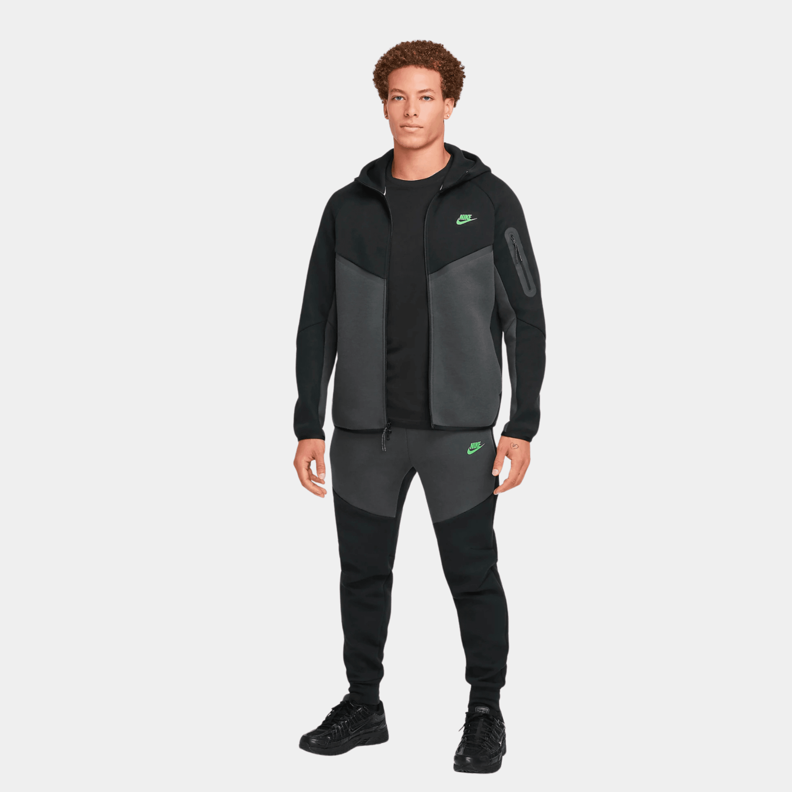 SS'25 Sportswear Tech Fleece Full Zip Hoodie & Joggers Set - Black/Carbon Heather/Green Strike
