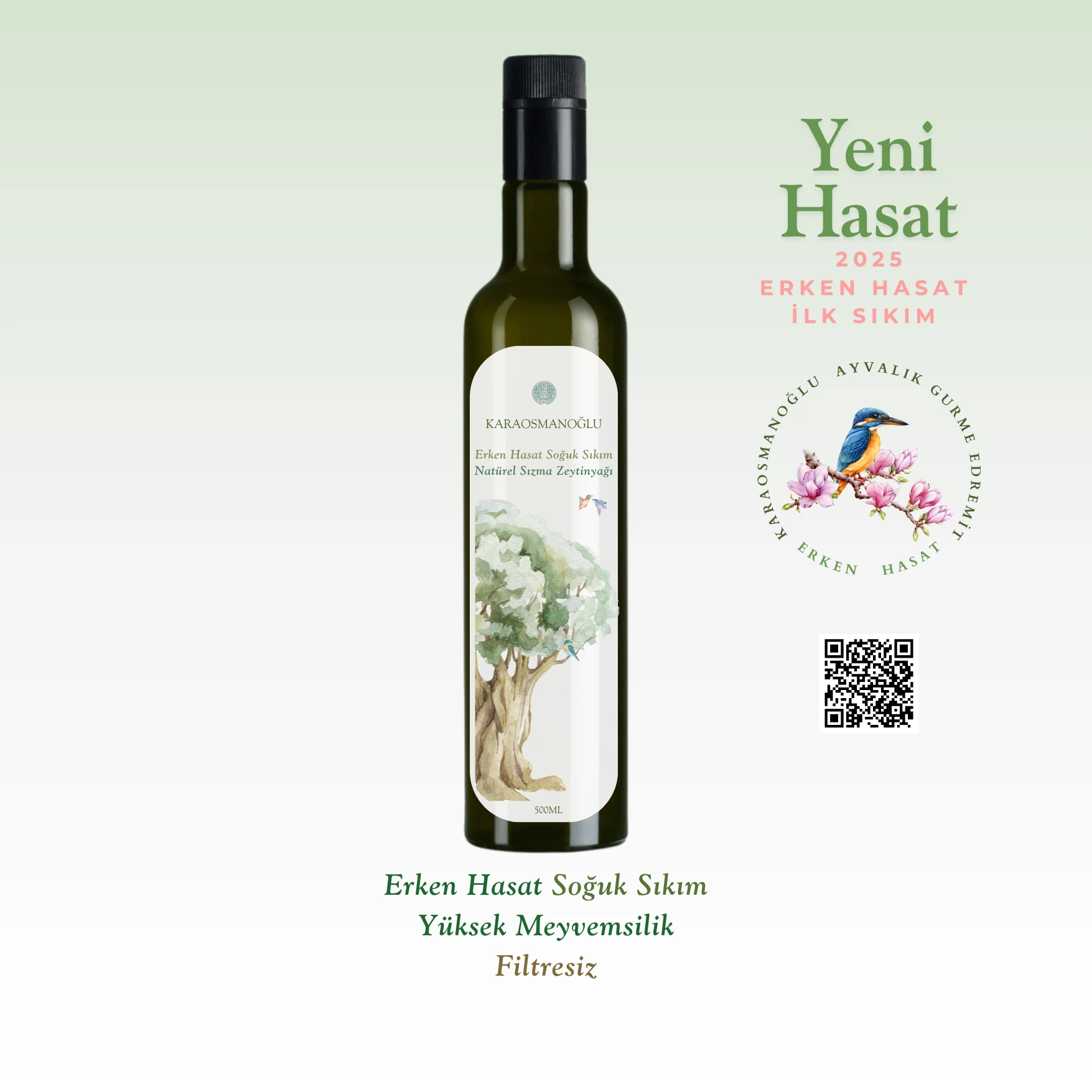 Ayvalık Edremit Erken Hasat Natürel Sızma Zeytinyağı Filtresiz 500ml