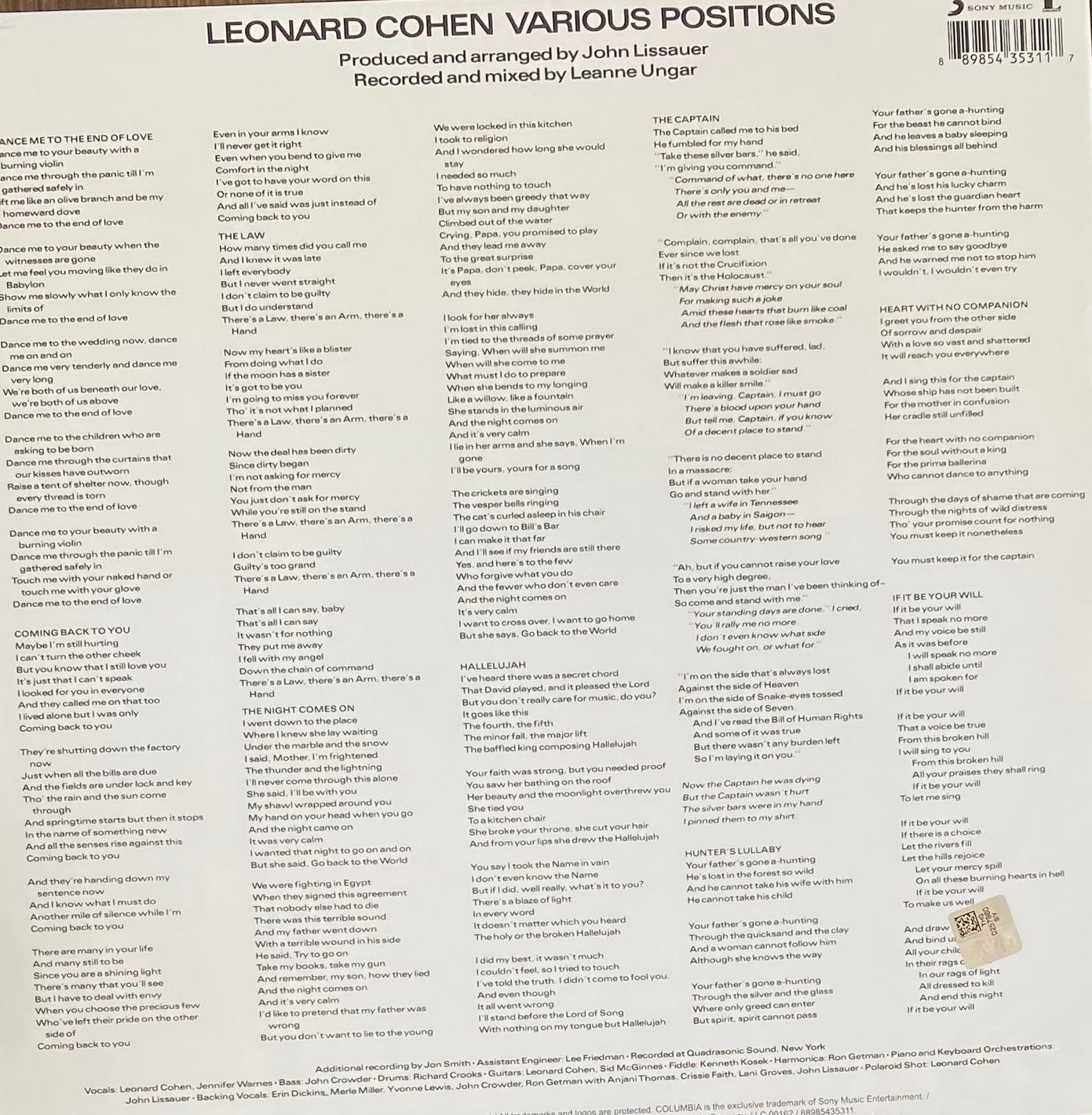 Leonard Cohen Various Positions (Plak) 