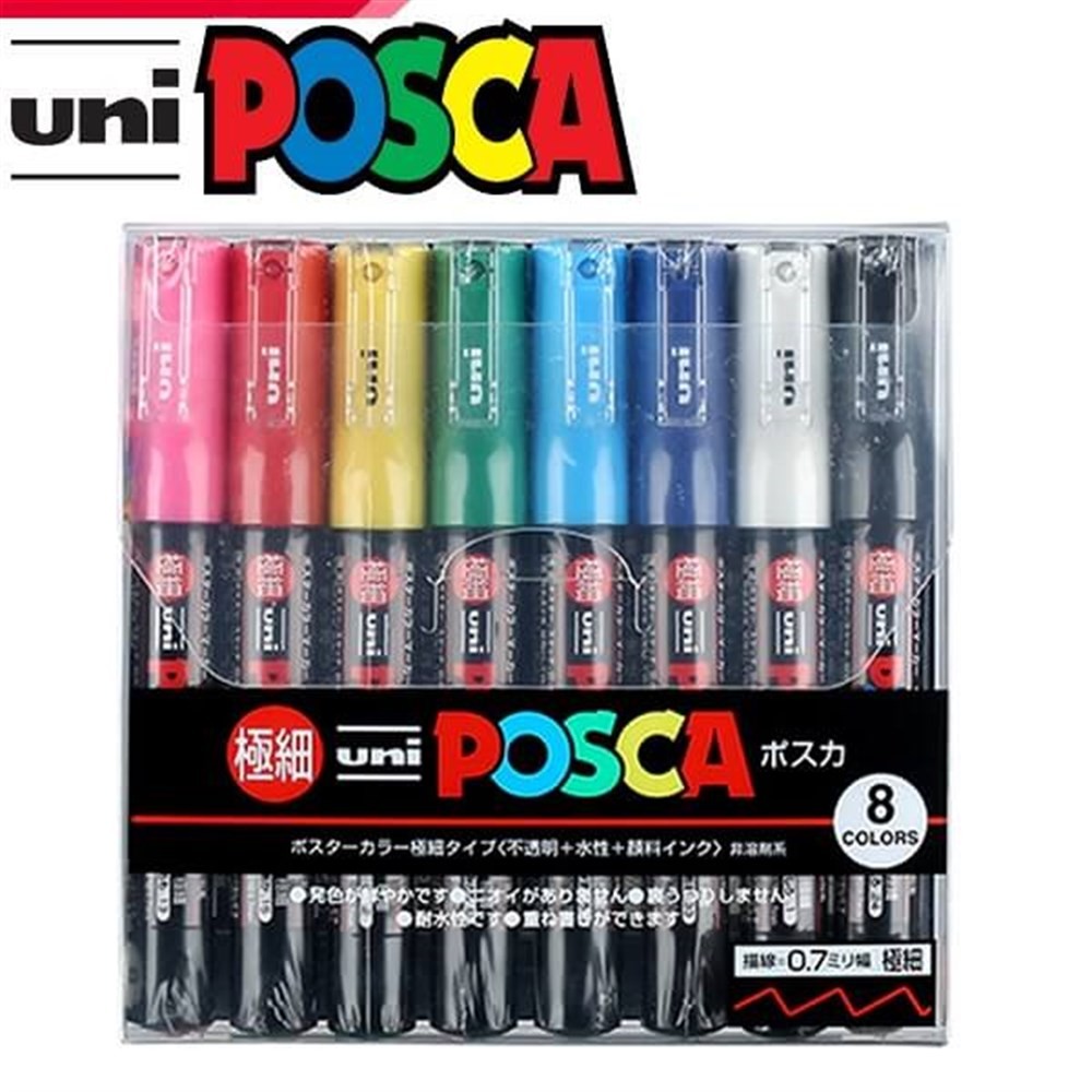 Uni Posca Pc-8K Boyama Markörü 8 mm Kesik Uç 7+1 Florasan Renkler