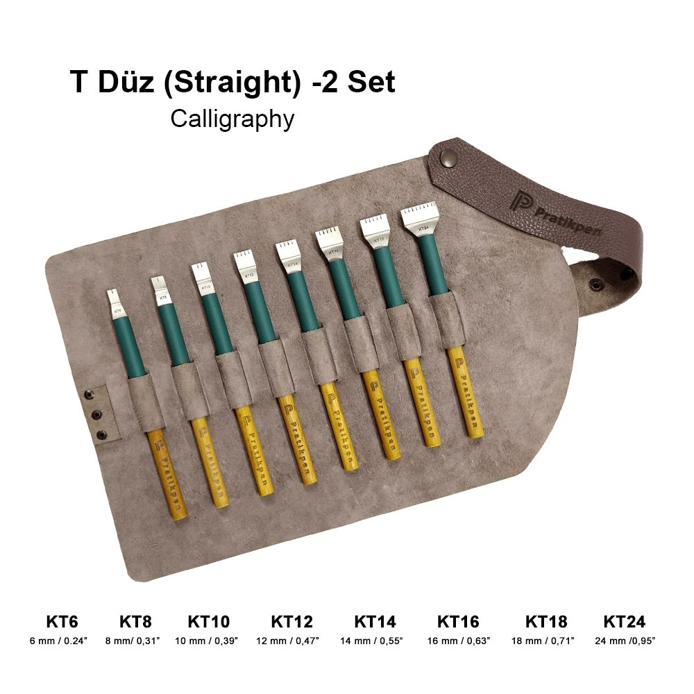 Pratikpen (T) Düz Kaligrafi Kalemi 8Li Set - Deri Kalemlikli