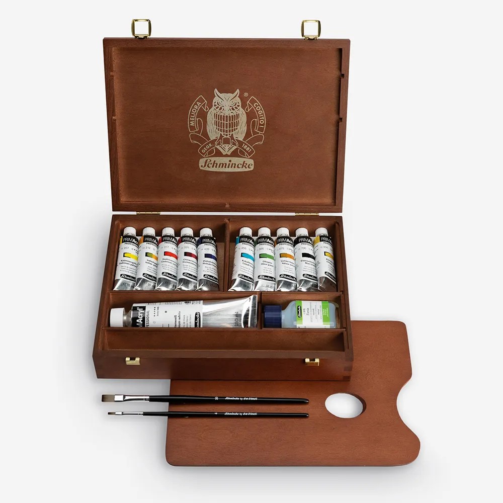 Schmincke Primacryl Artist Ahşap Kutu Akrilik Boya Seti 35 ml x 10 renk Seti 150ml beyaz ve Fırça Hediyeli