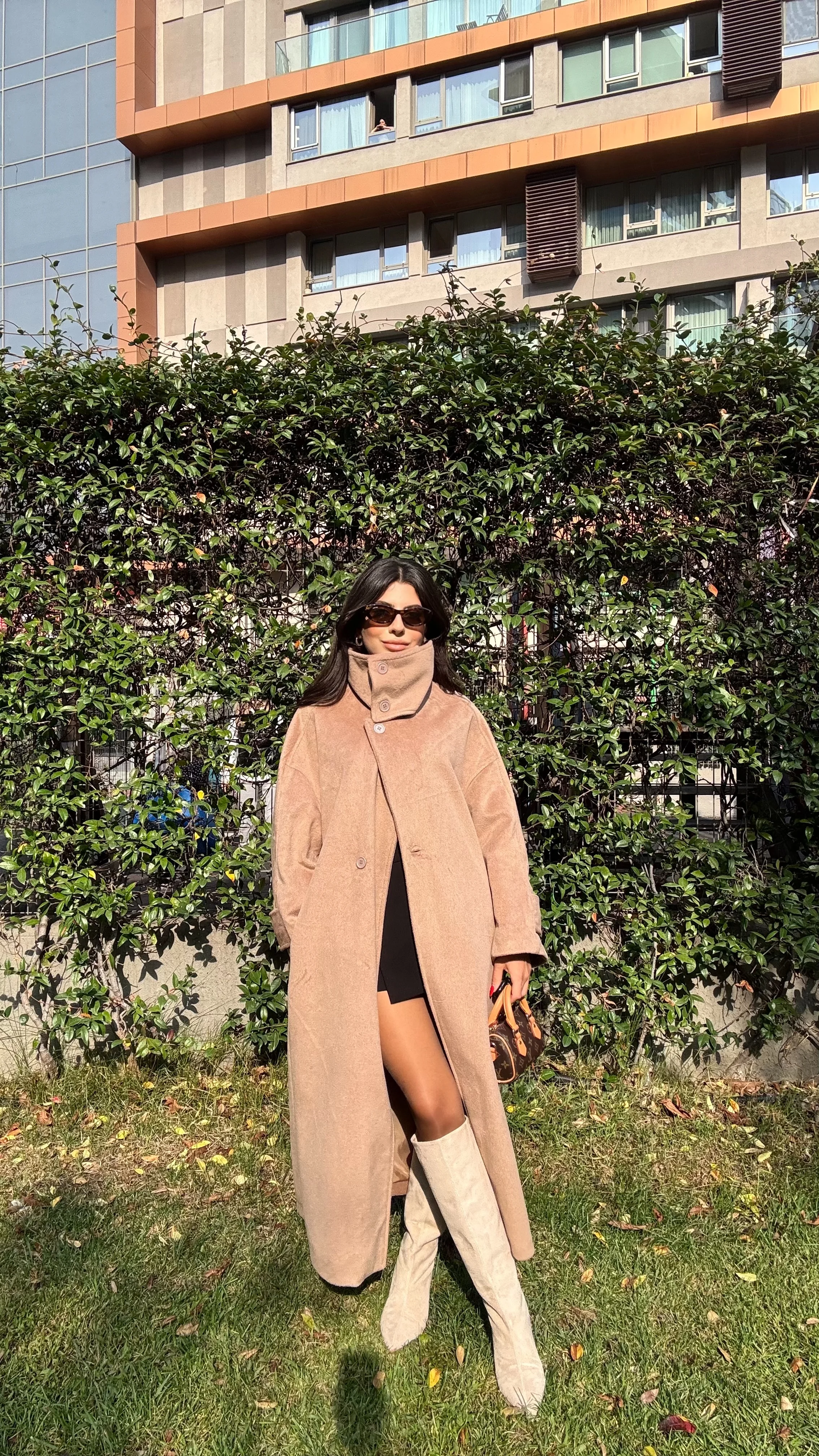 Kadın Dik Yaka Uzun Kaşe Kaban - CAMEL