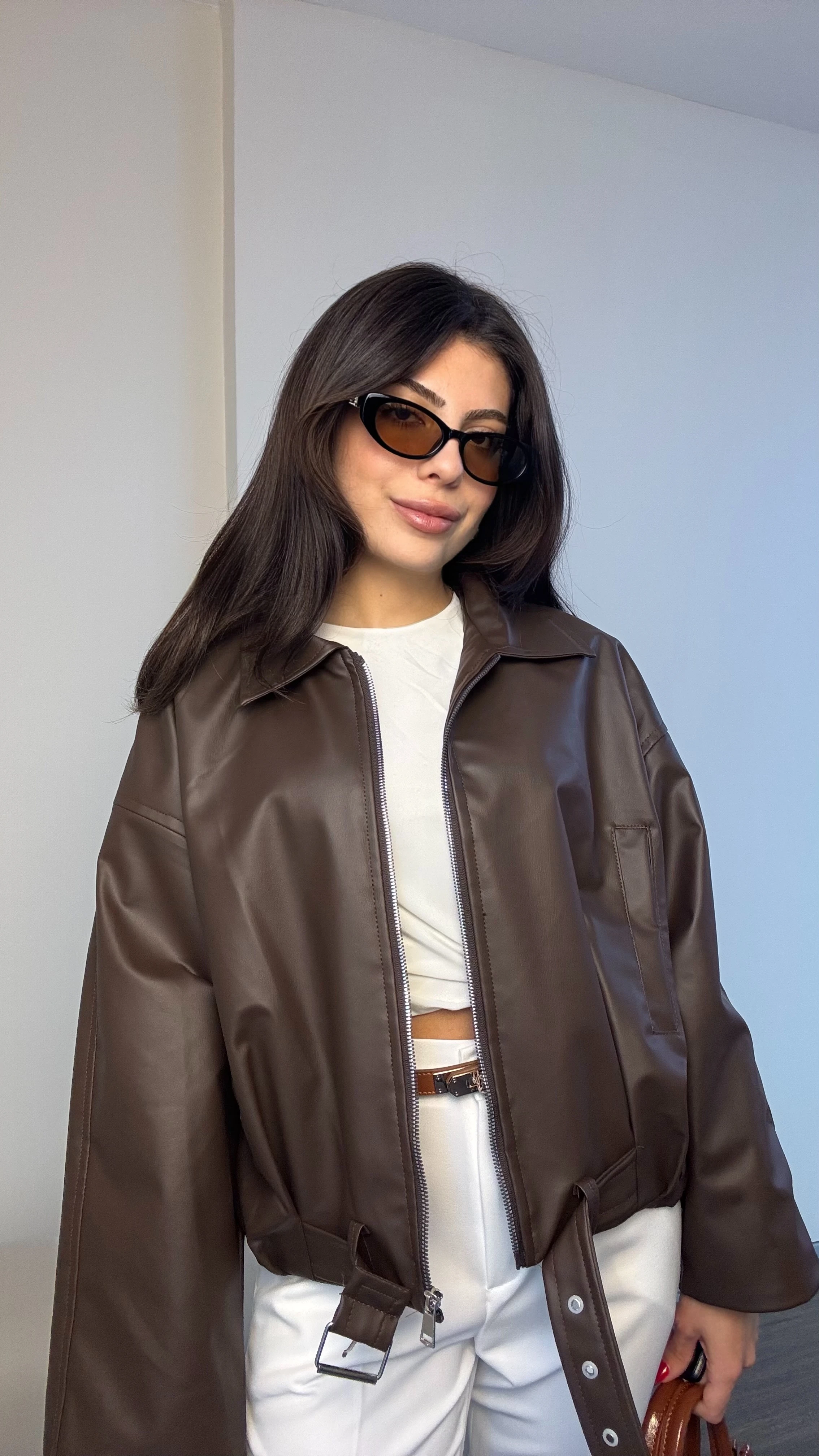 Kadın Kemer Detaylı Deri Ceket - KAHVE