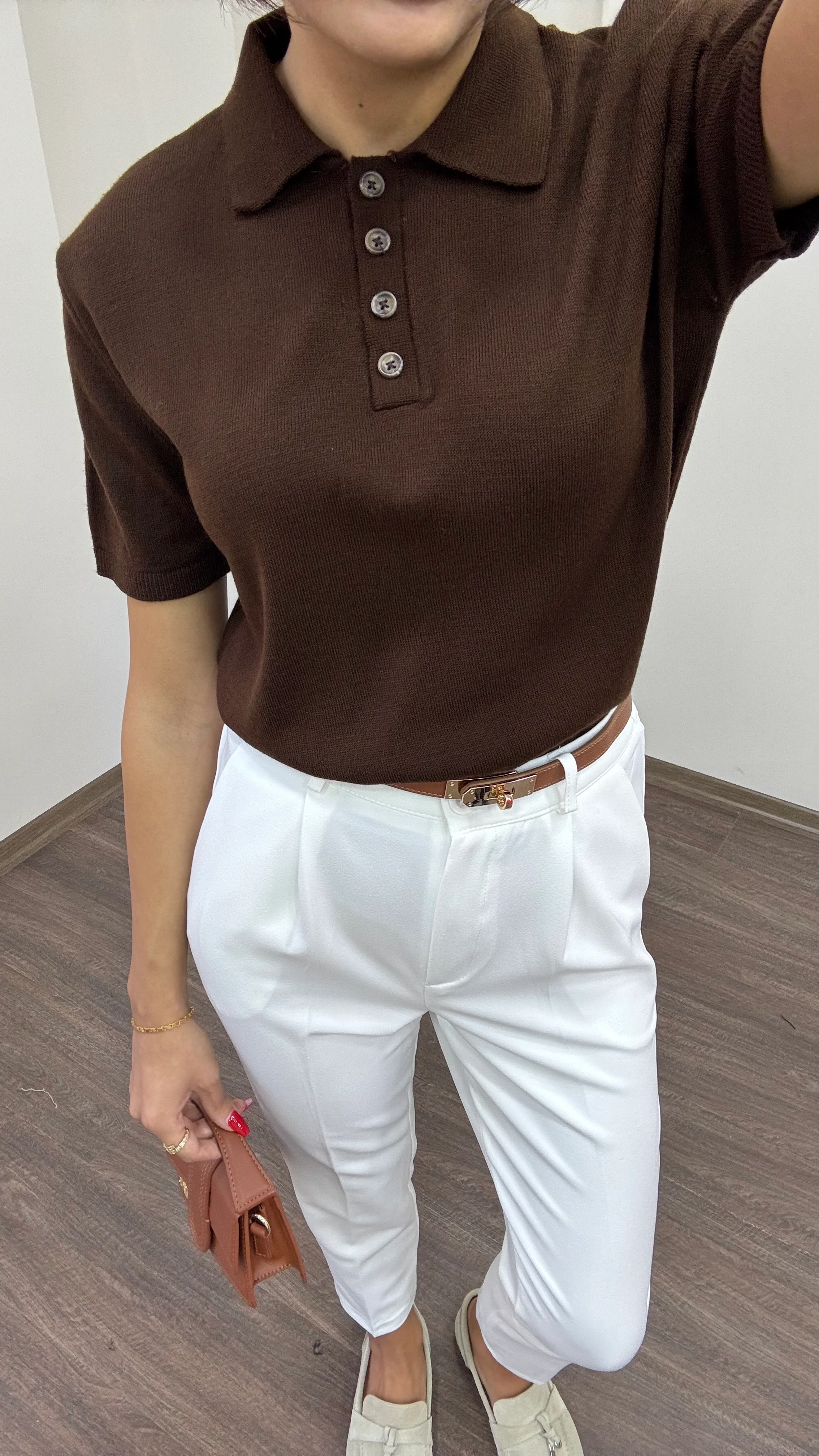 Kadın Kısa Kol Polo Yaka Düğmeli Triko Kazak