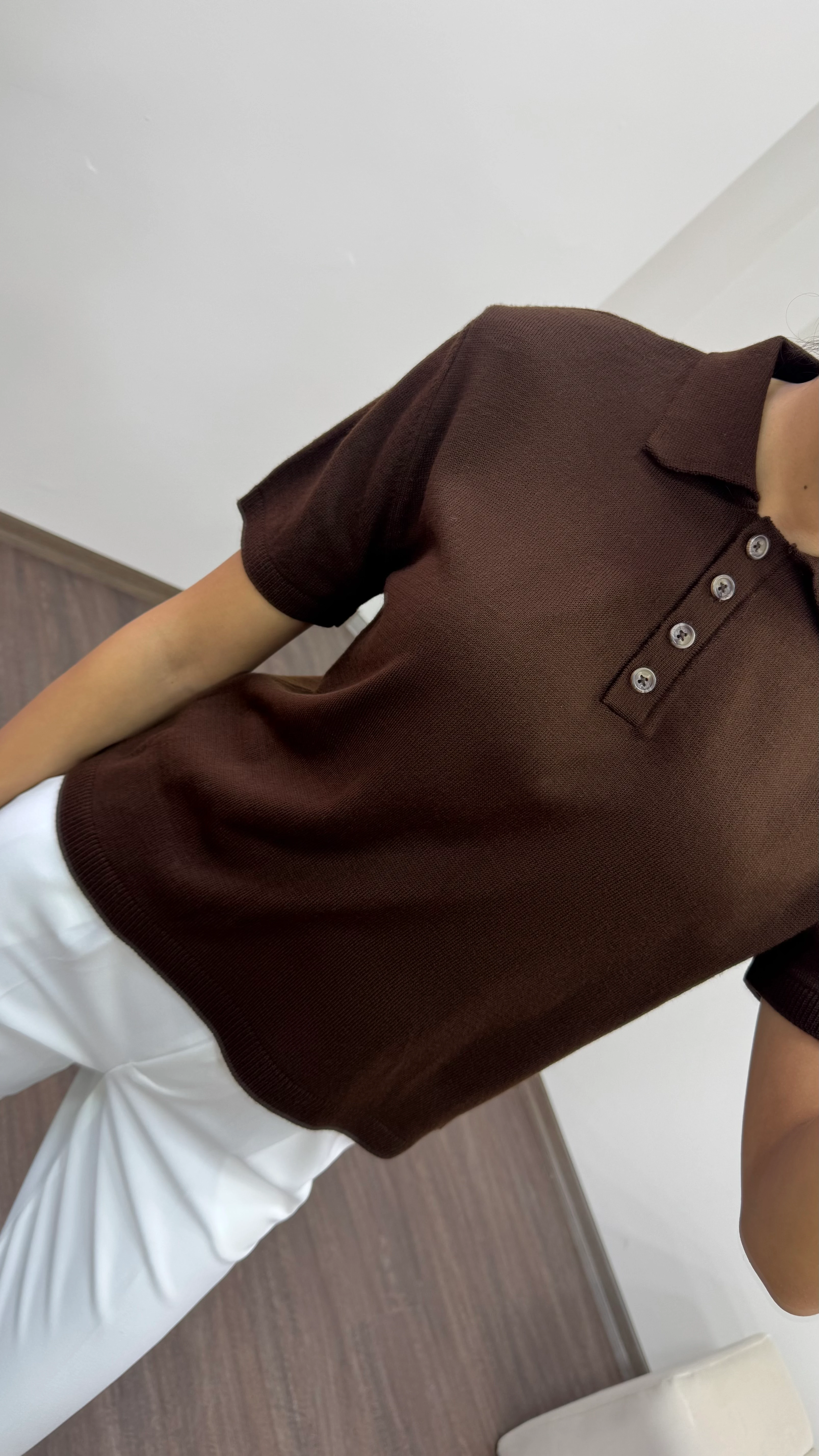 Kadın Kısa Kol Polo Yaka Düğmeli Triko Kazak - ACI KAHVE