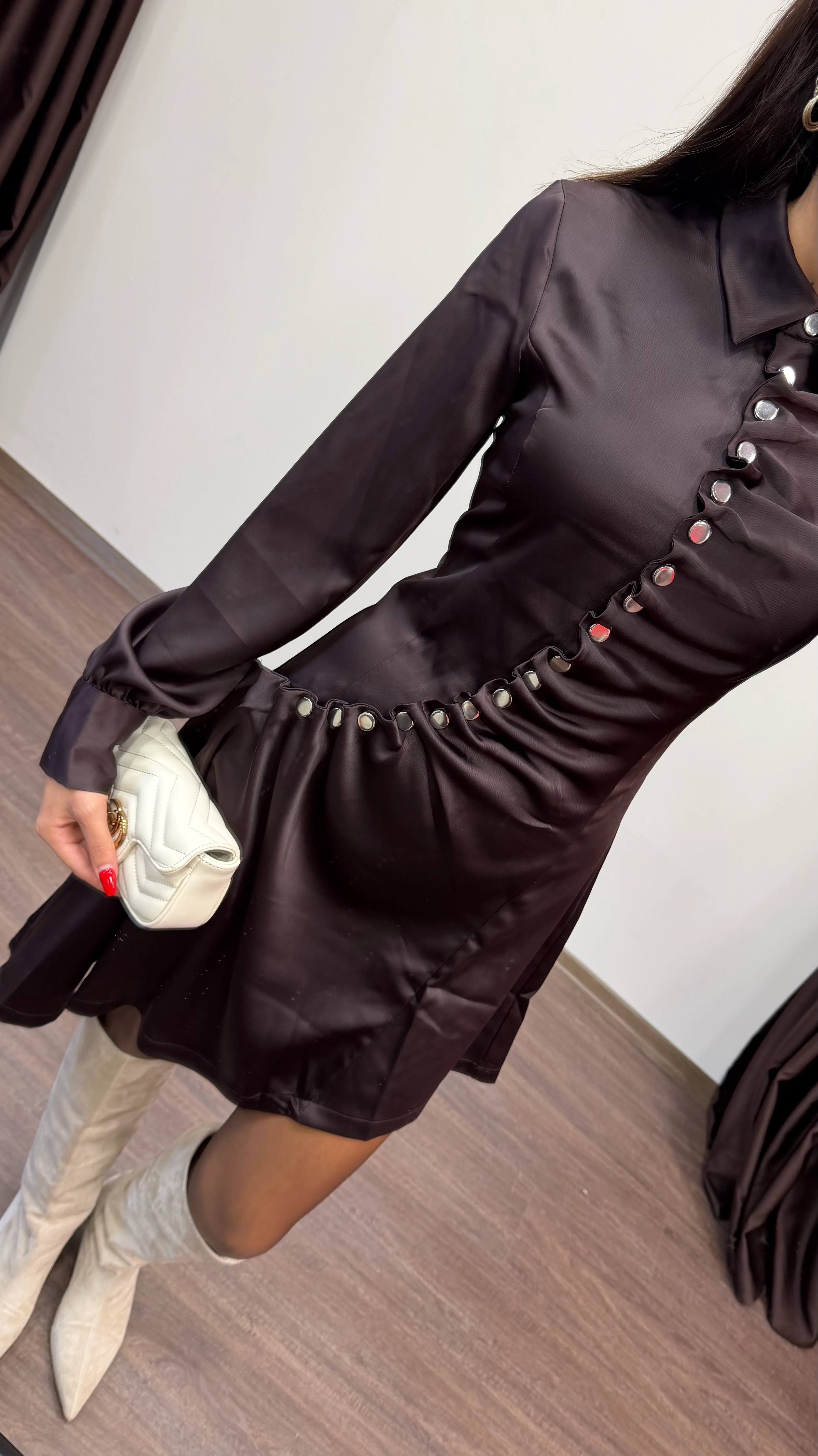 Kadın Çıt Düğme Detaylı Uzun Kollu Asimetrik Kesim Elbise