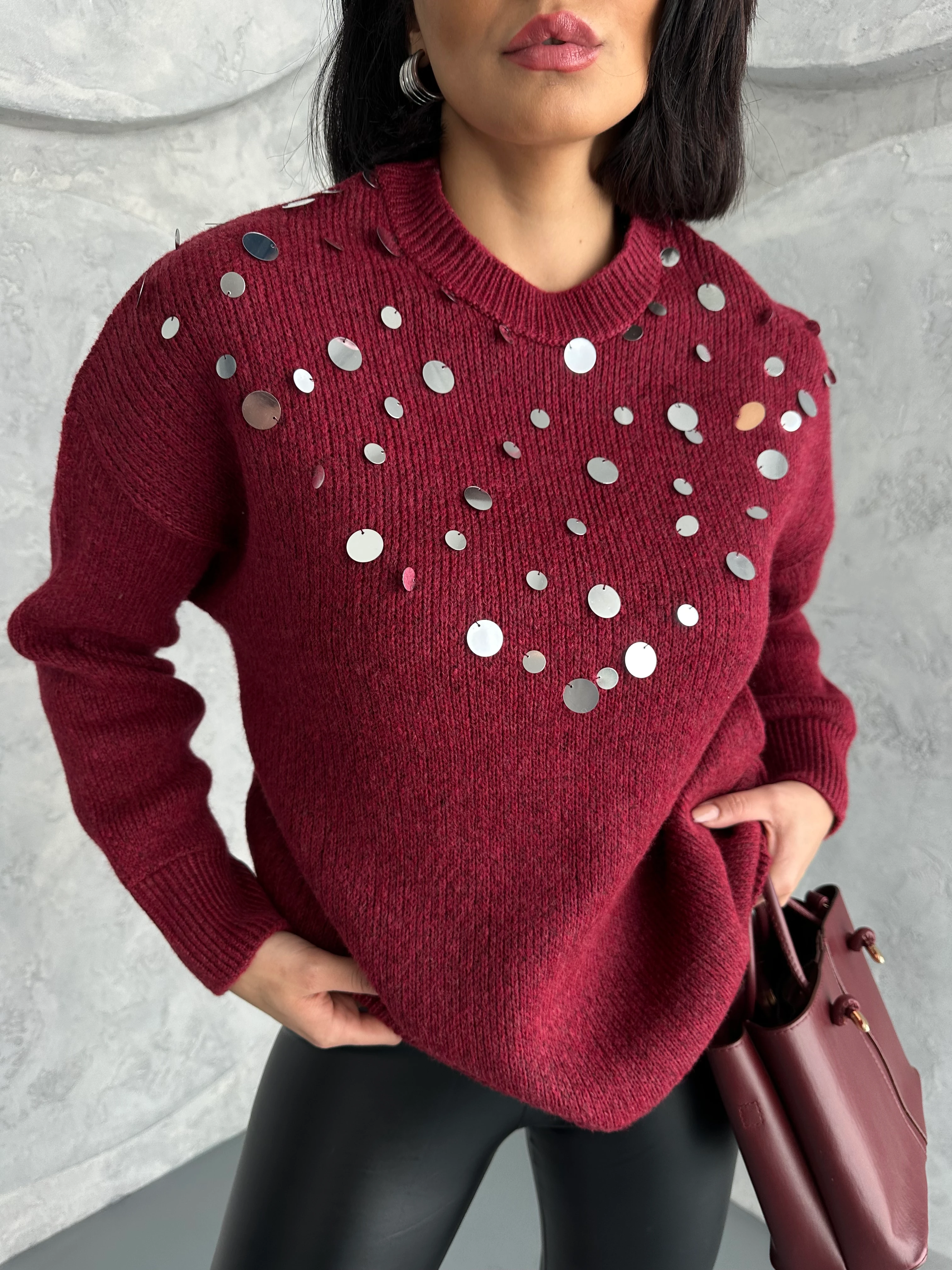 Women's Sequin Knit Sweater - Maroon