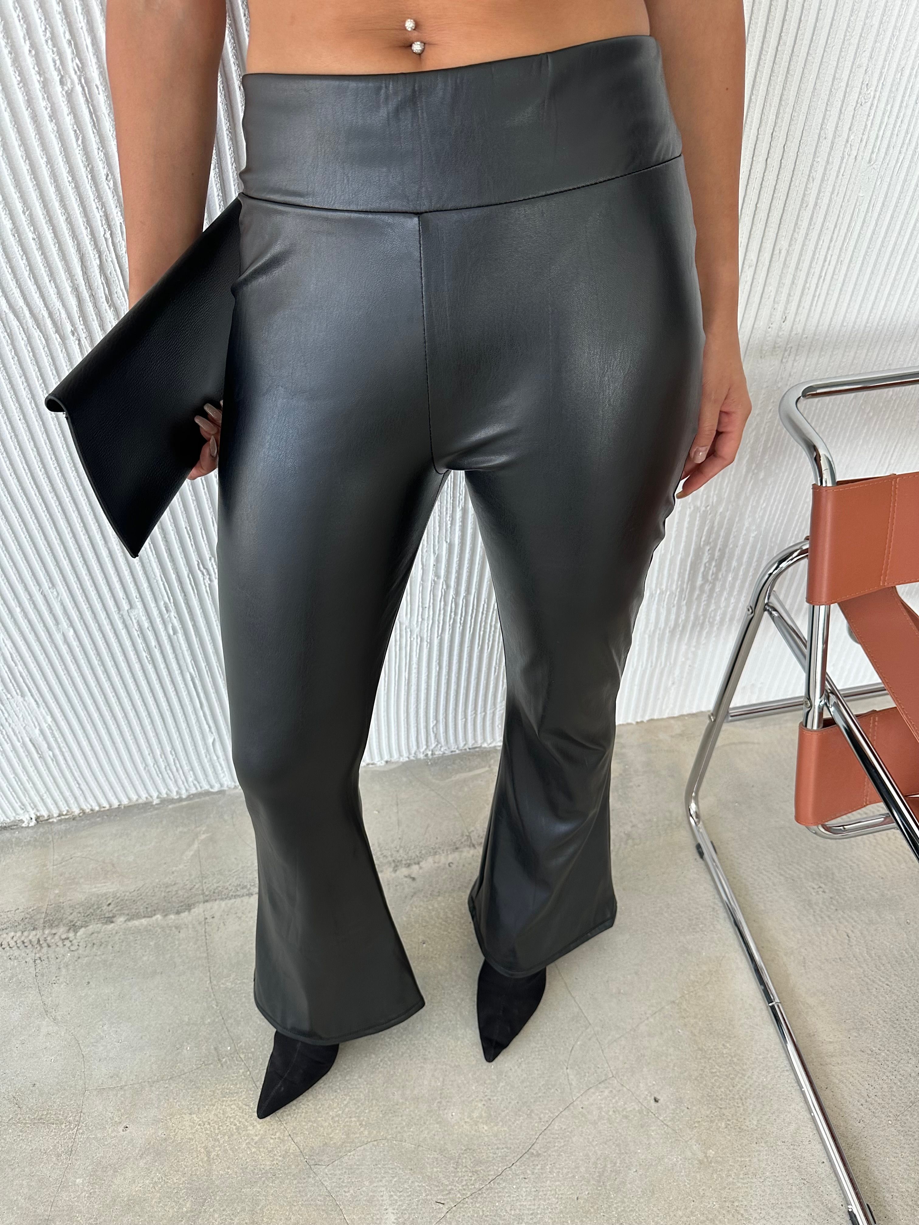 WOMEN'S BLACK HIGH WAIST SPANISH LEG LEATHER TROUSERS