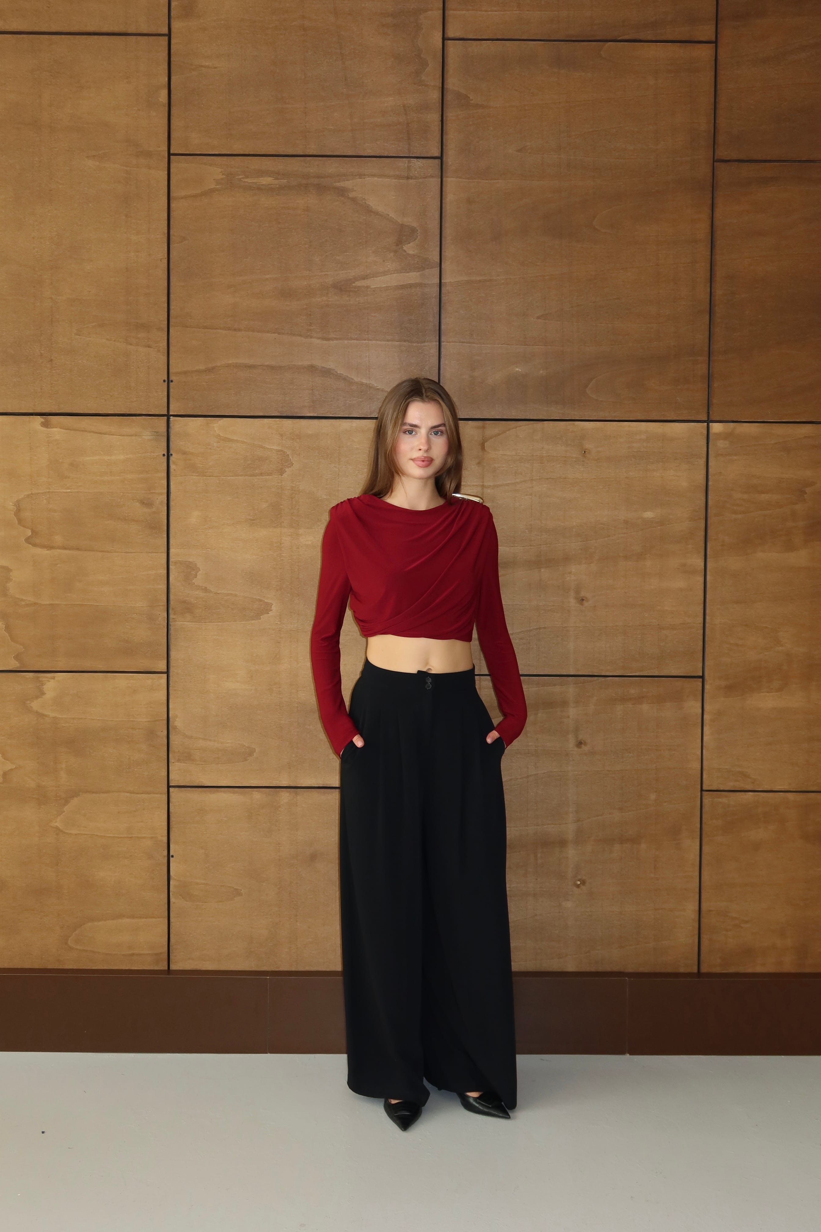 Kadın Tokalı Premium Crop Bluz - BORDO